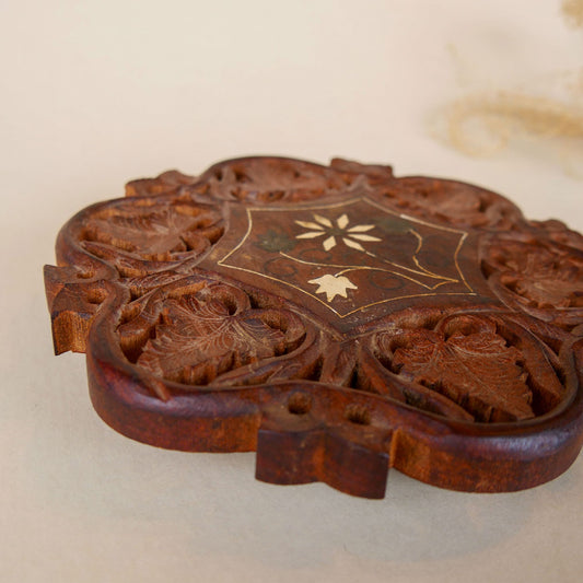 Vintage-Round-Wooden-Carved-Trivet with Flower Inlay