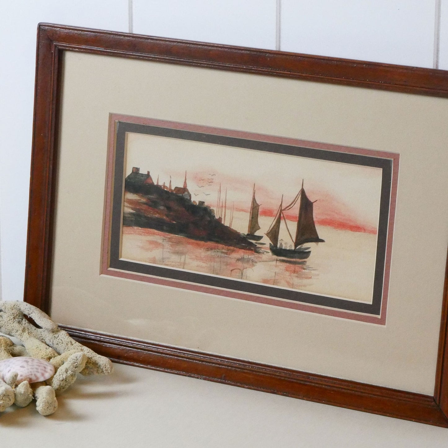 Vintage Framed Sailboat in Harbor at Sunset Watercolor, Vintage Sailboat Watercolor, Coastal Harbor Watercolor, Coaster wall Decor