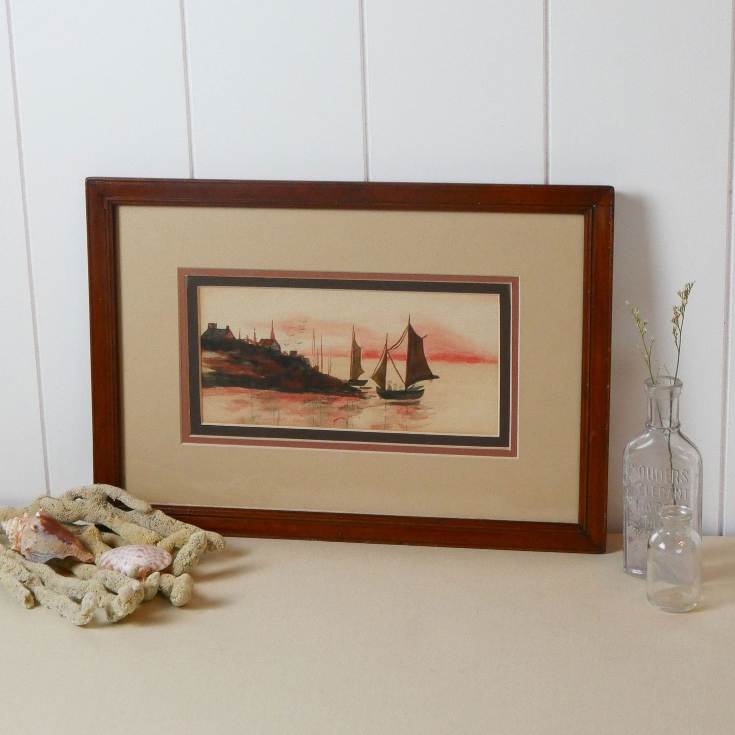 Vintage Framed Sailboat in Harbor at Sunset Watercolor, Vintage Sailboat Watercolor, Coastal Harbor Watercolor, Coaster wall Decor