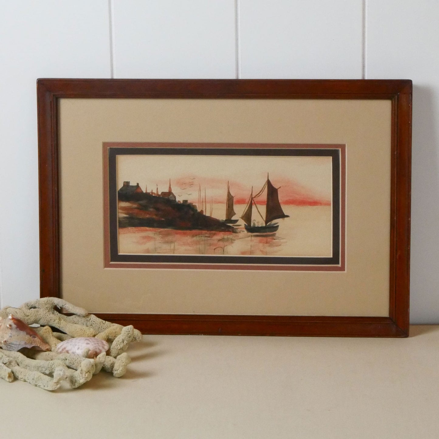 Vintage Framed Sailboat in Harbor at Sunset Watercolor, Vintage Sailboat Watercolor, Coastal Harbor Watercolor, Coaster wall Decor