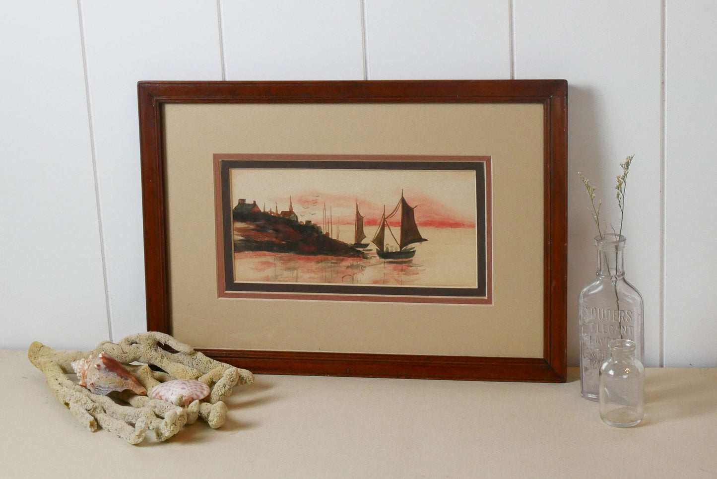 Vintage Framed Sailboat in Harbor at Sunset Watercolor, Vintage Sailboat Watercolor, Coastal Harbor Watercolor, Coaster wall Decor