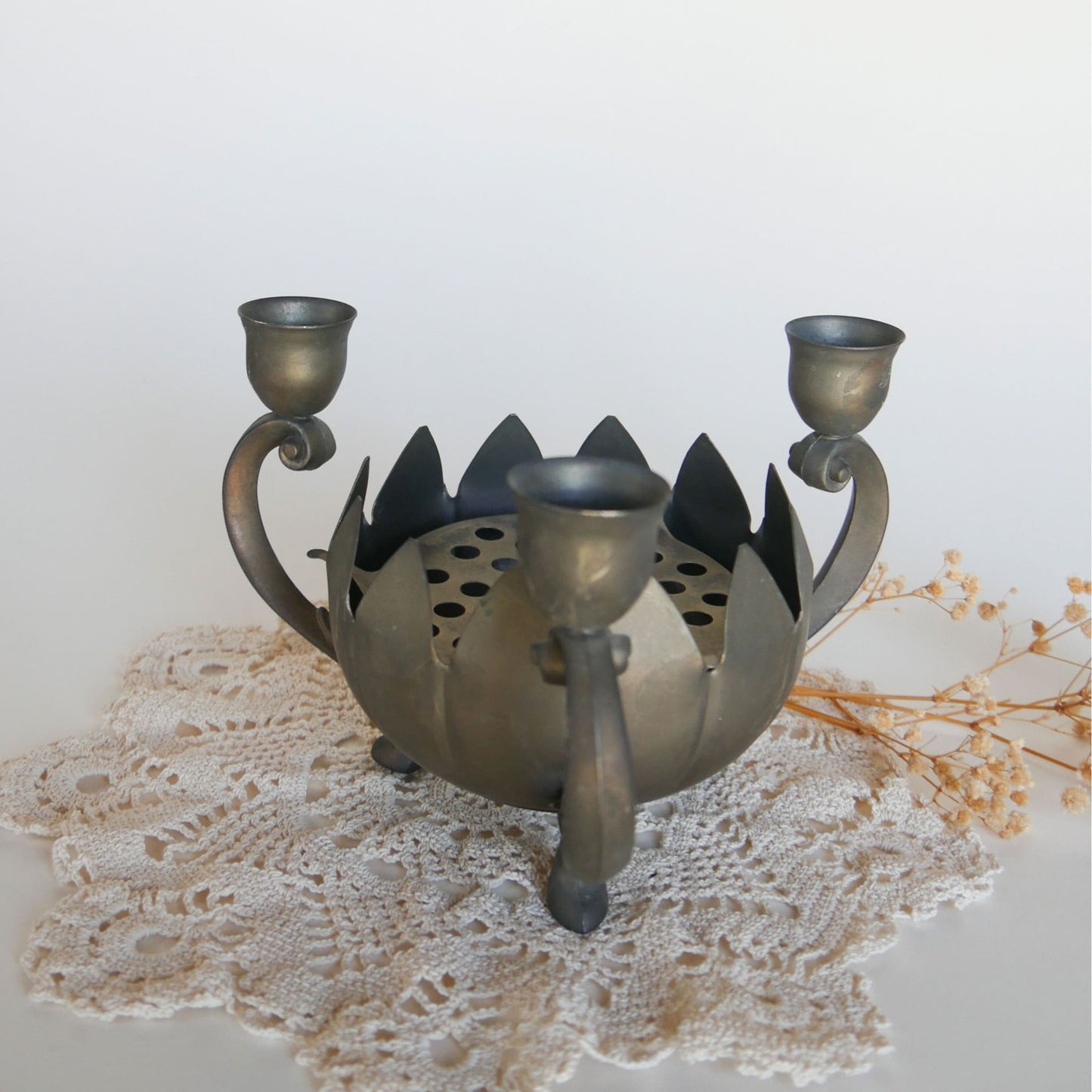 Vintage Silver-Plated Lotus Flower Frog Candelabra Vintage Silver Plated Candelabra Farmhouse Dining Decor