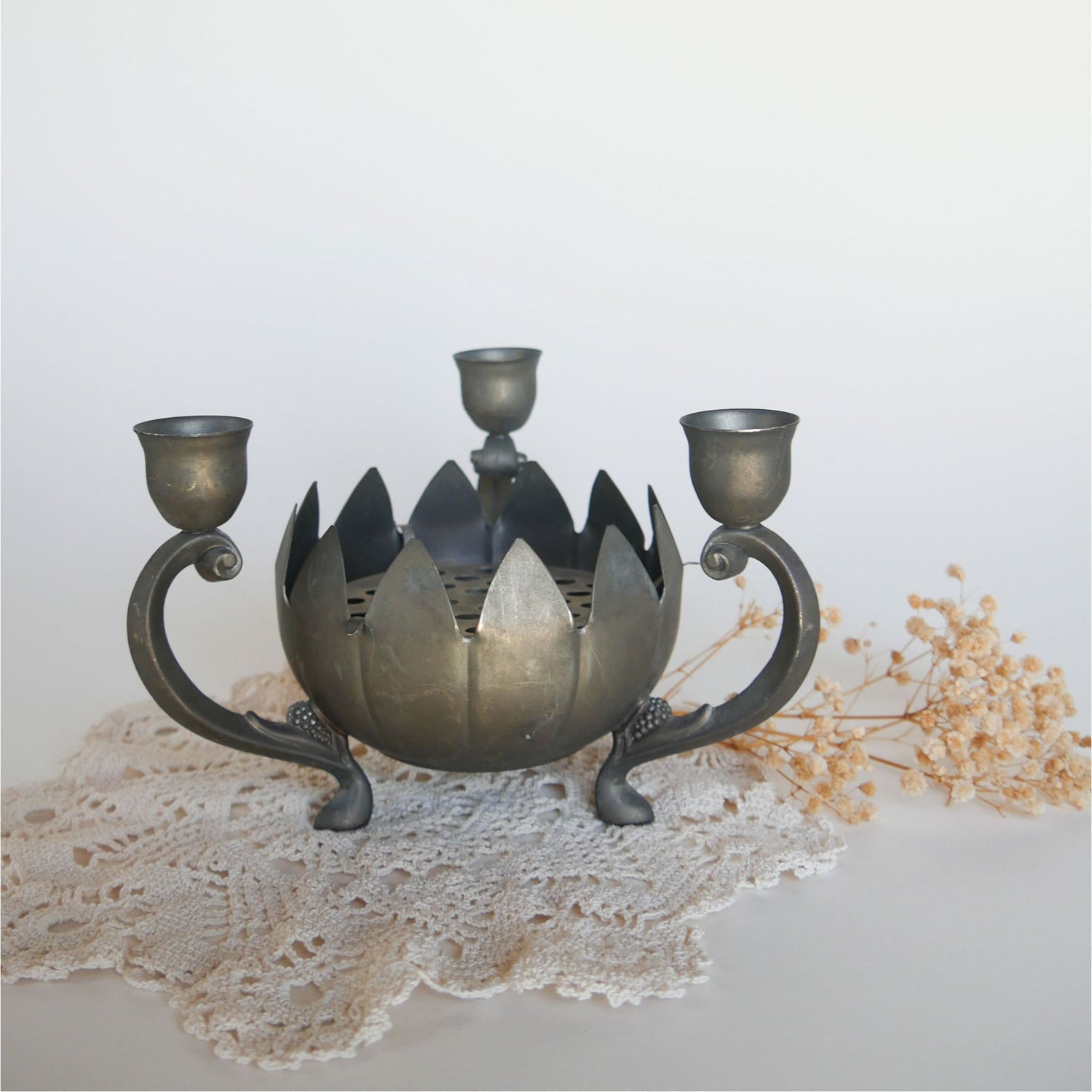 Vintage Silver-Plated Lotus Flower Frog Candelabra Vintage Silver Plated Candelabra Farmhouse Dining Decor