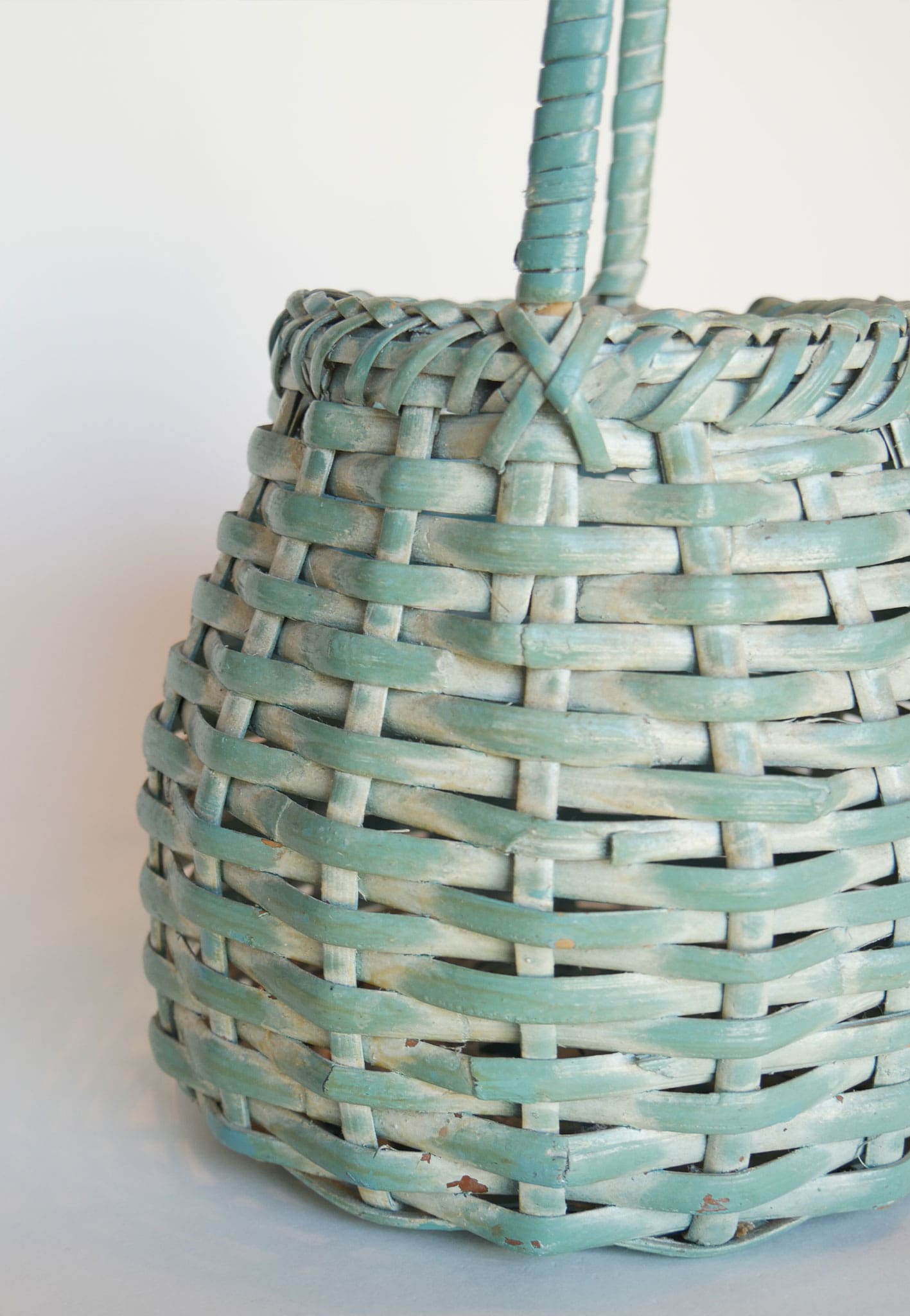 Teal and White-Washed Wicker Basket with Handle