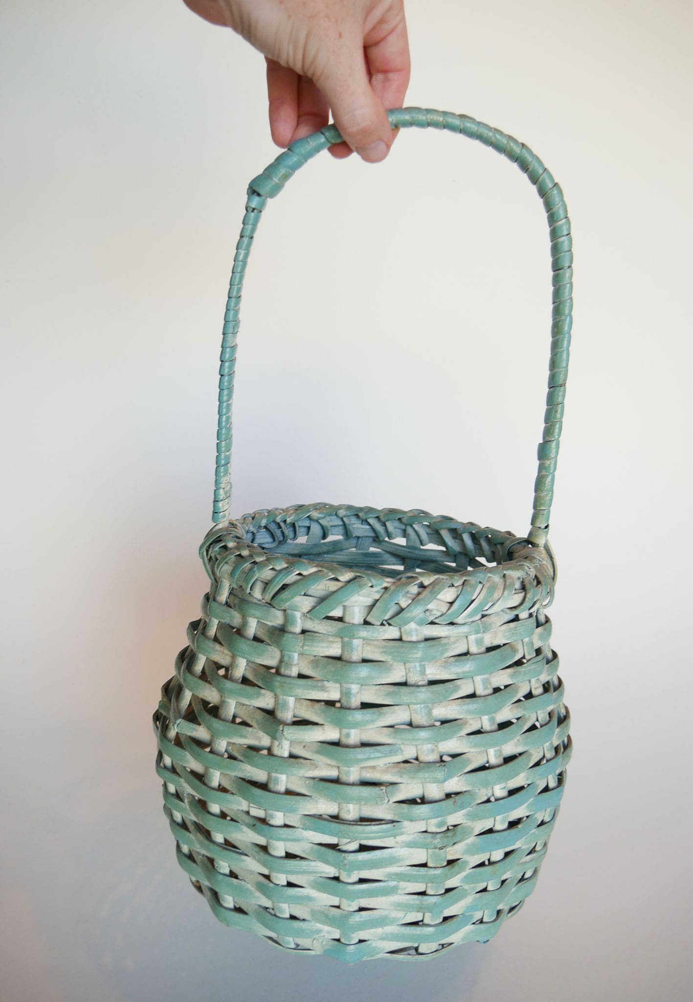 Teal and White-Washed Wicker Basket with Handle