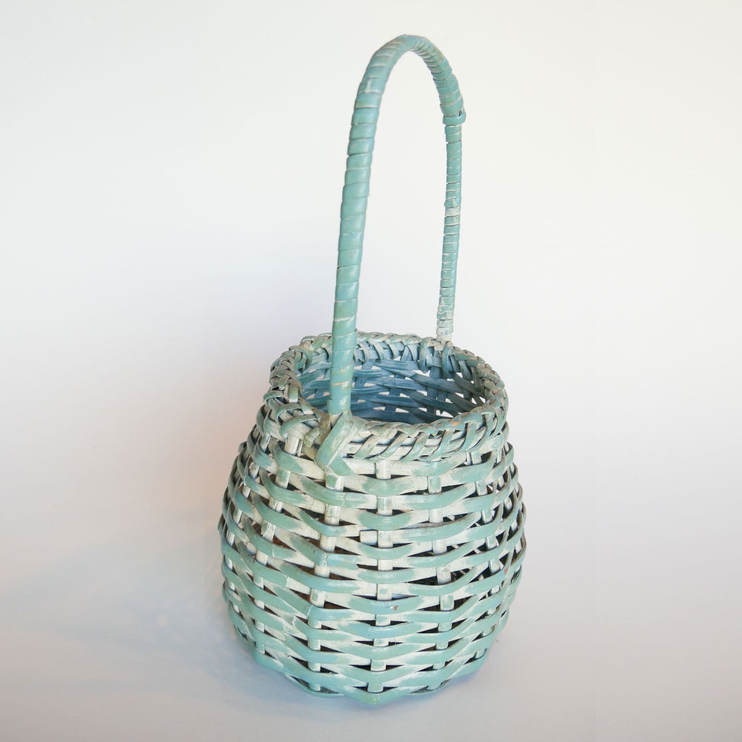 Teal and White-Washed Wicker Basket with Handle