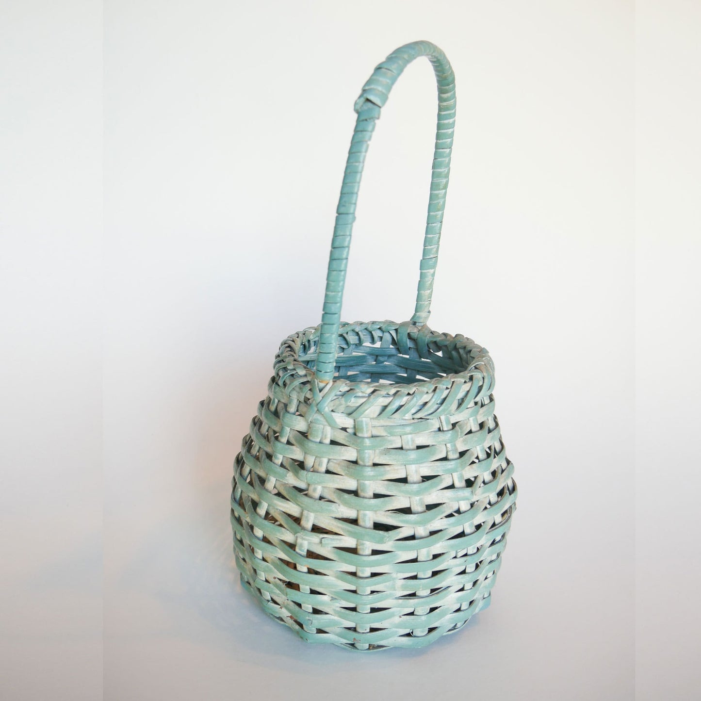 Teal and White-Washed Wicker Basket with Handle