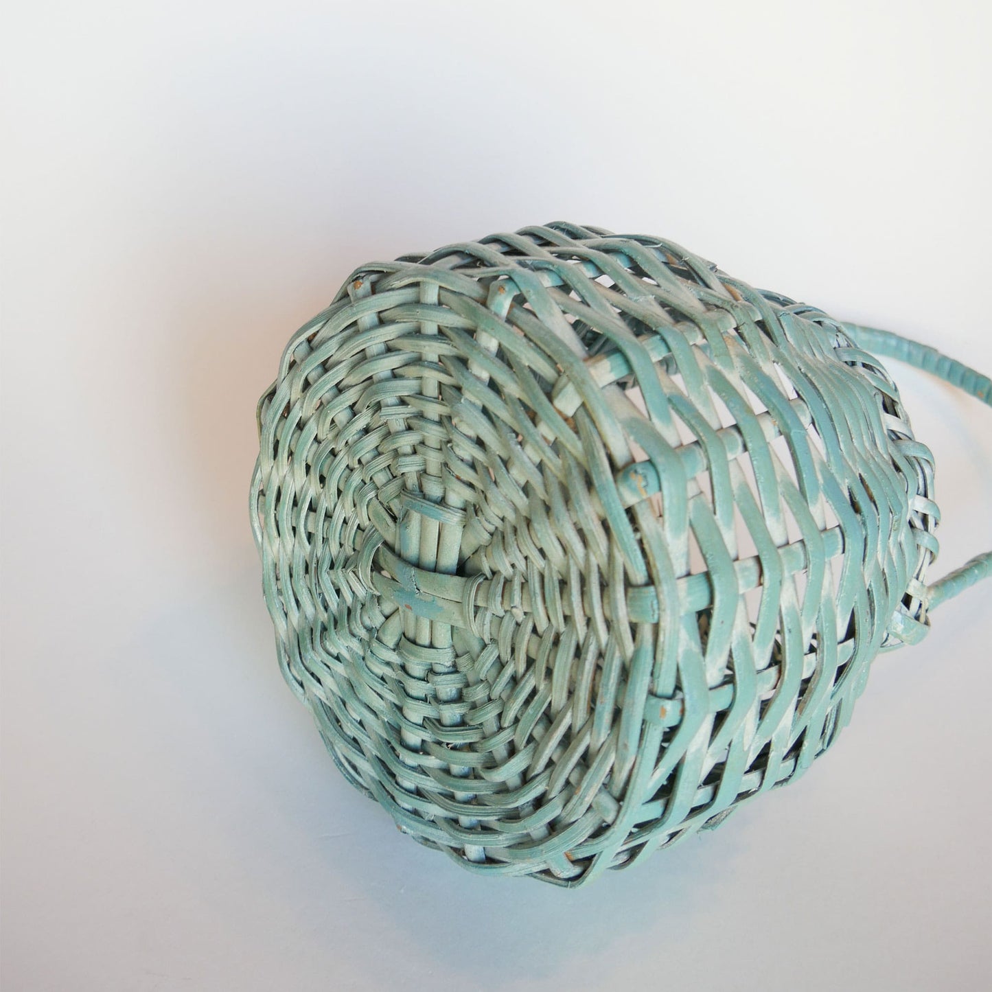Teal and White-Washed Wicker Basket with Handle
