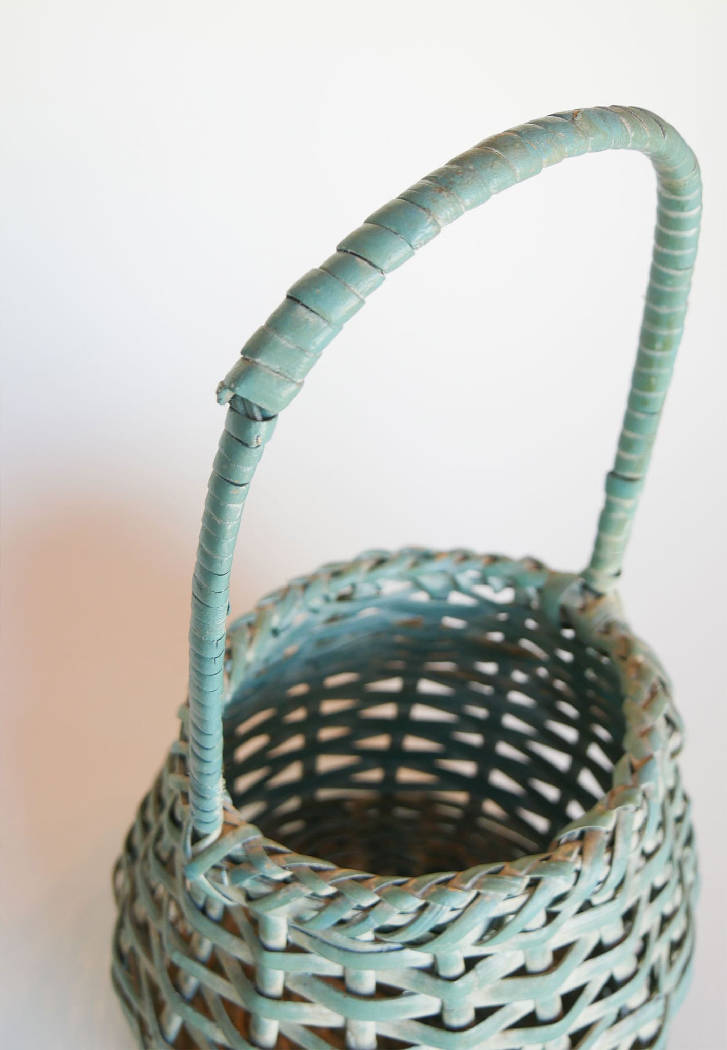 Teal and White-Washed Wicker Basket with Handle
