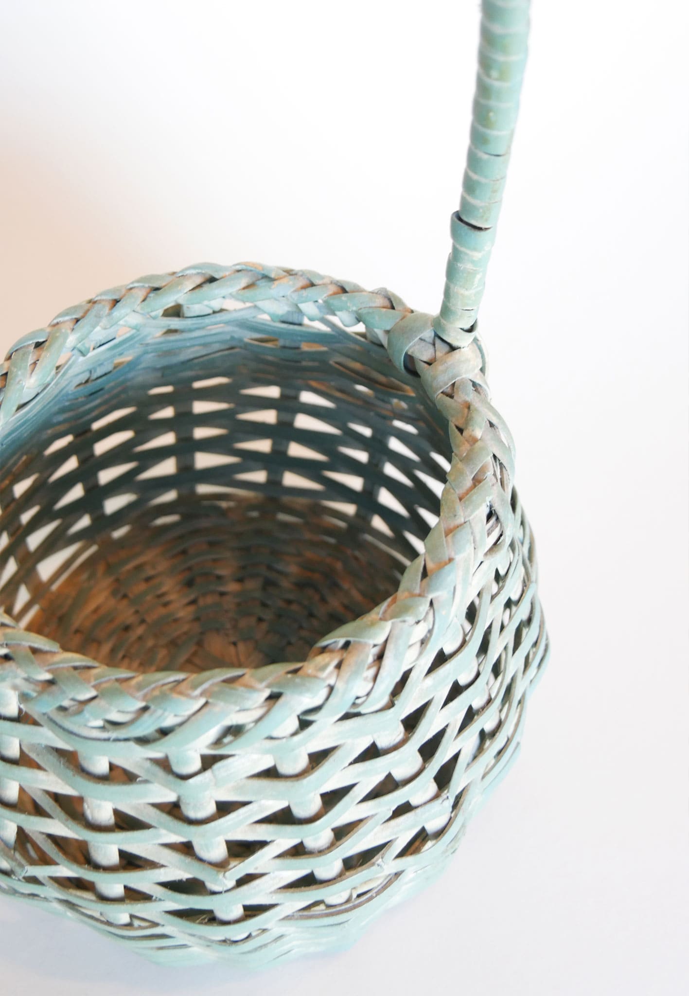 Teal and White-Washed Wicker Basket with Handle