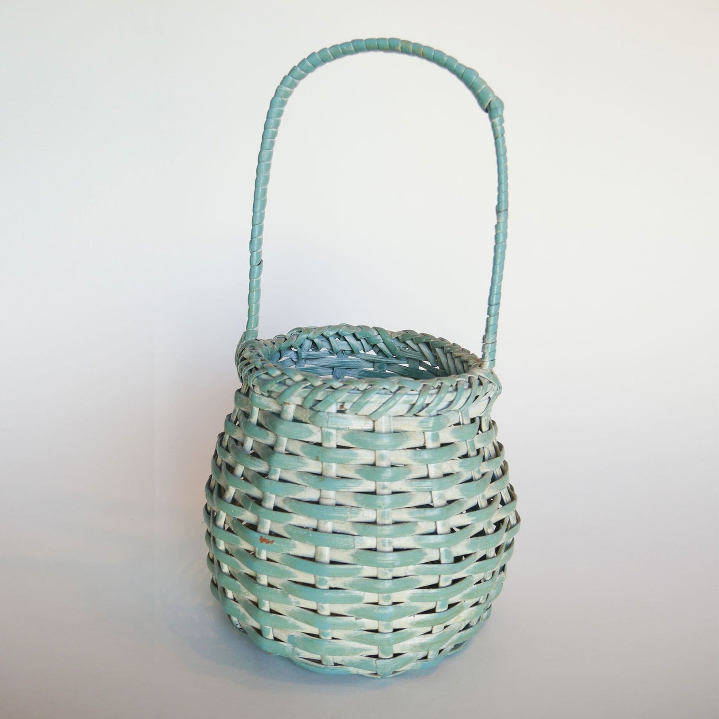 Teal and White-Washed Wicker Basket with Handle