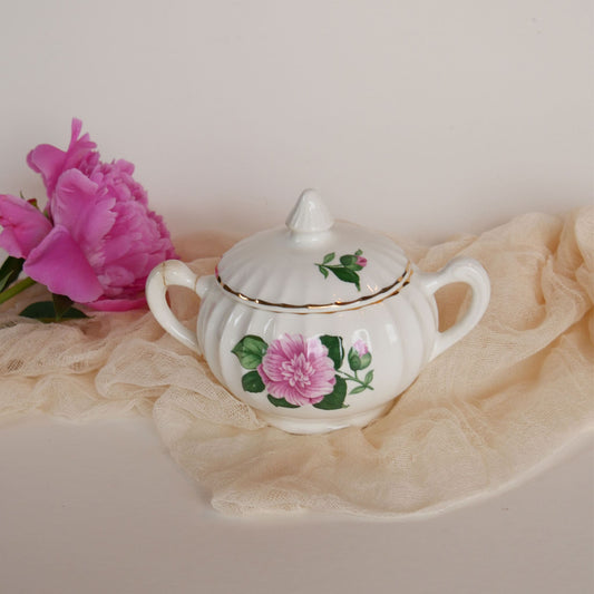 W.S. George Bolero Sugar Dish and Lid, Cameilla Floral Design, Vintage Pink Floral China, Vintage Pink Flower Creamer
