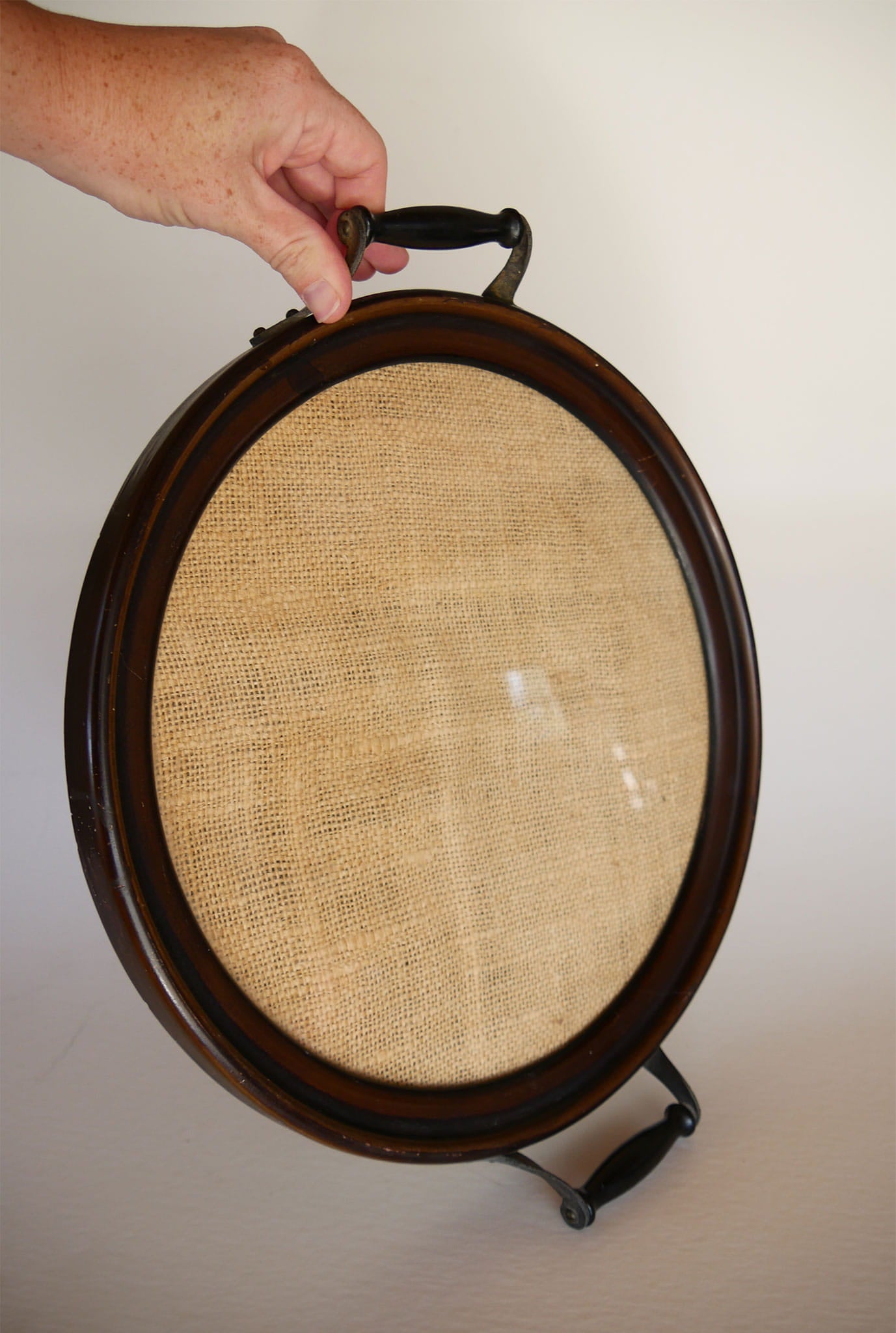 Vintage Round Wooden Serving Tray with Burlap Insert, Farmhouse Tray, Vintage Tray, Vintage Farmhouse Tray, Cottage Tray, Vintage Cottage Burlap Tray, Vintage Farmhouse Decor