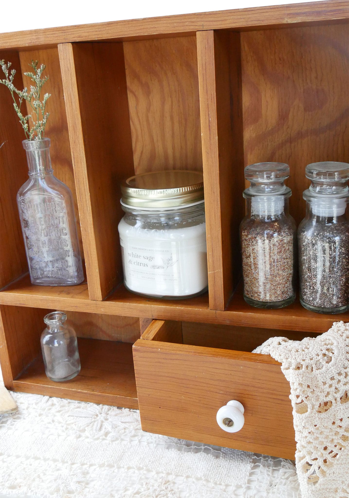 Vintage Wooden Spice Rack with Drawer and Porcelain Knob, Vintage Spice Racks, Vintage Kitchen Wall Shelf and Drawers