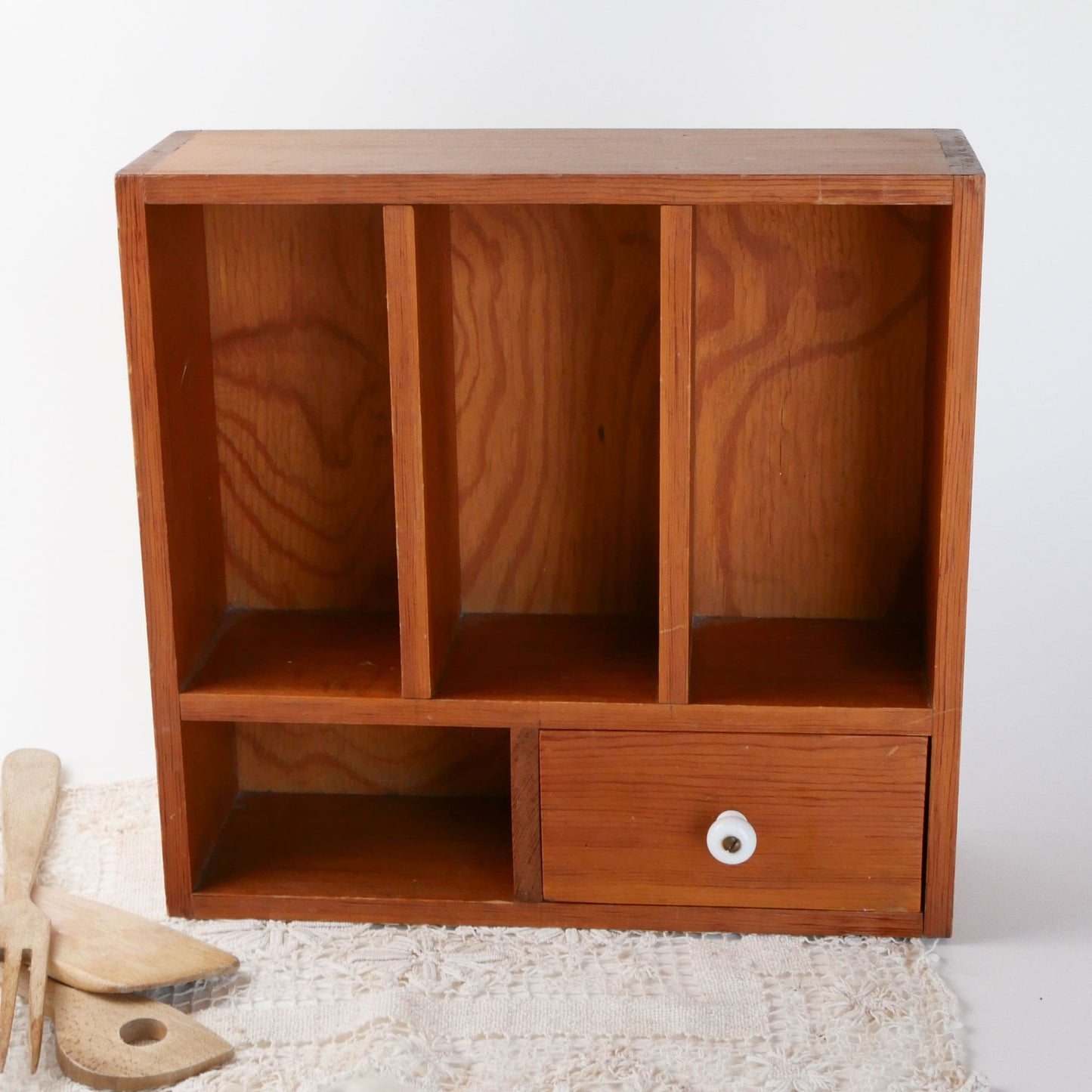 Vintage Wooden Spice Rack with Drawer and Porcelain Knob, Vintage Spice Racks, Vintage Kitchen Wall Shelf and Drawers