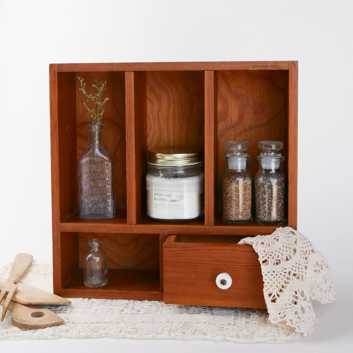 Vintage Wooden Spice Rack with Drawer and Porcelain Knob, Vintage Spice Racks, Vintage Kitchen Wall Shelf and Drawers