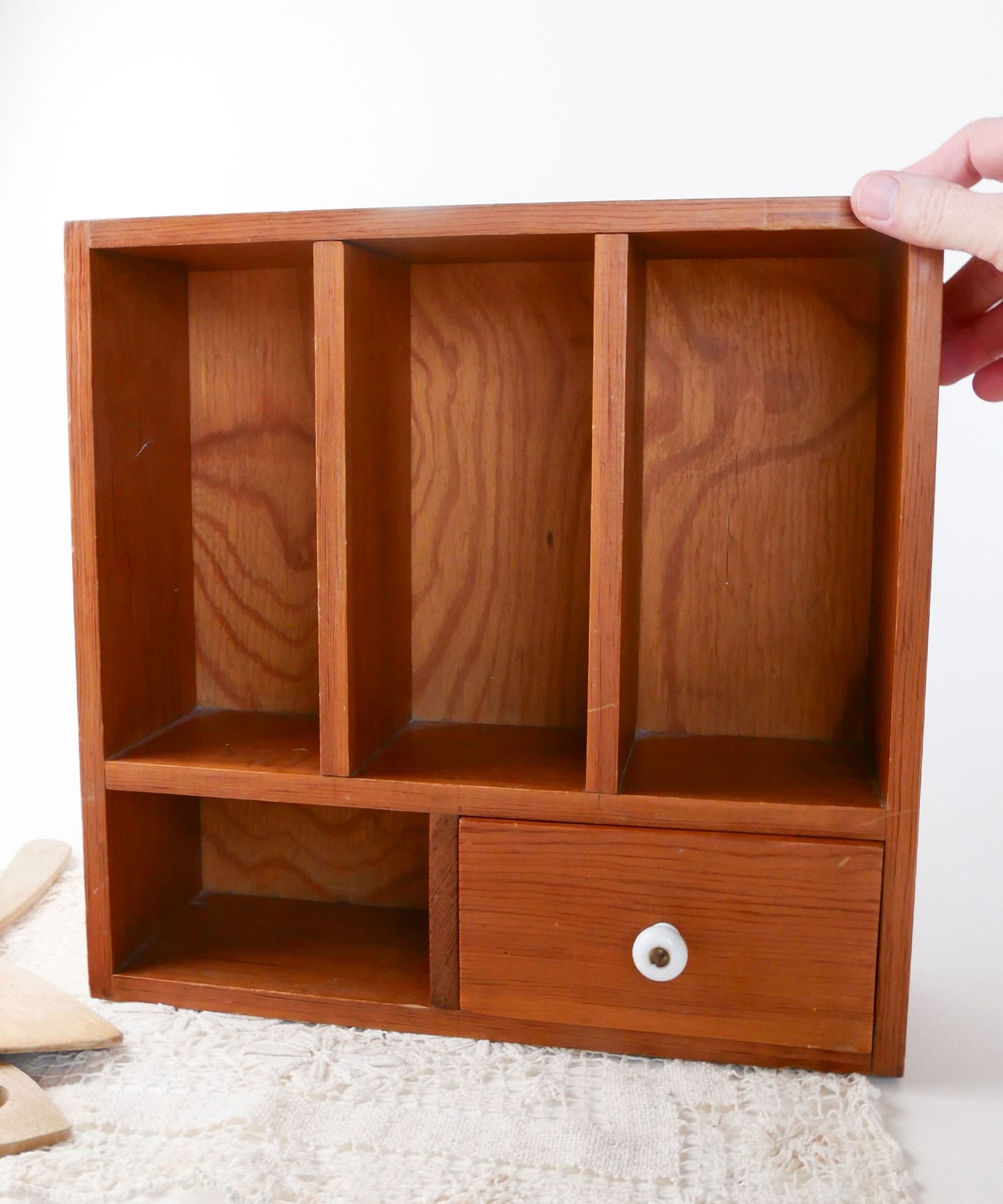 Vintage Wooden Spice Rack with Drawer and Porcelain Knob, Vintage Spice Racks, Vintage Kitchen Wall Shelf and Drawers