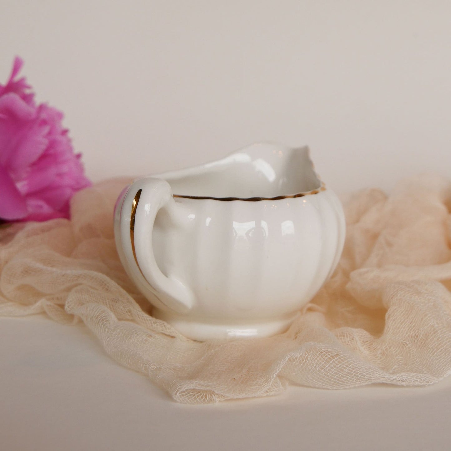 W.S. George Bolero Creamer Dish, Cameilla Floral Design, Vintage Pink Floral China, Vintage Pink Flower Creamer