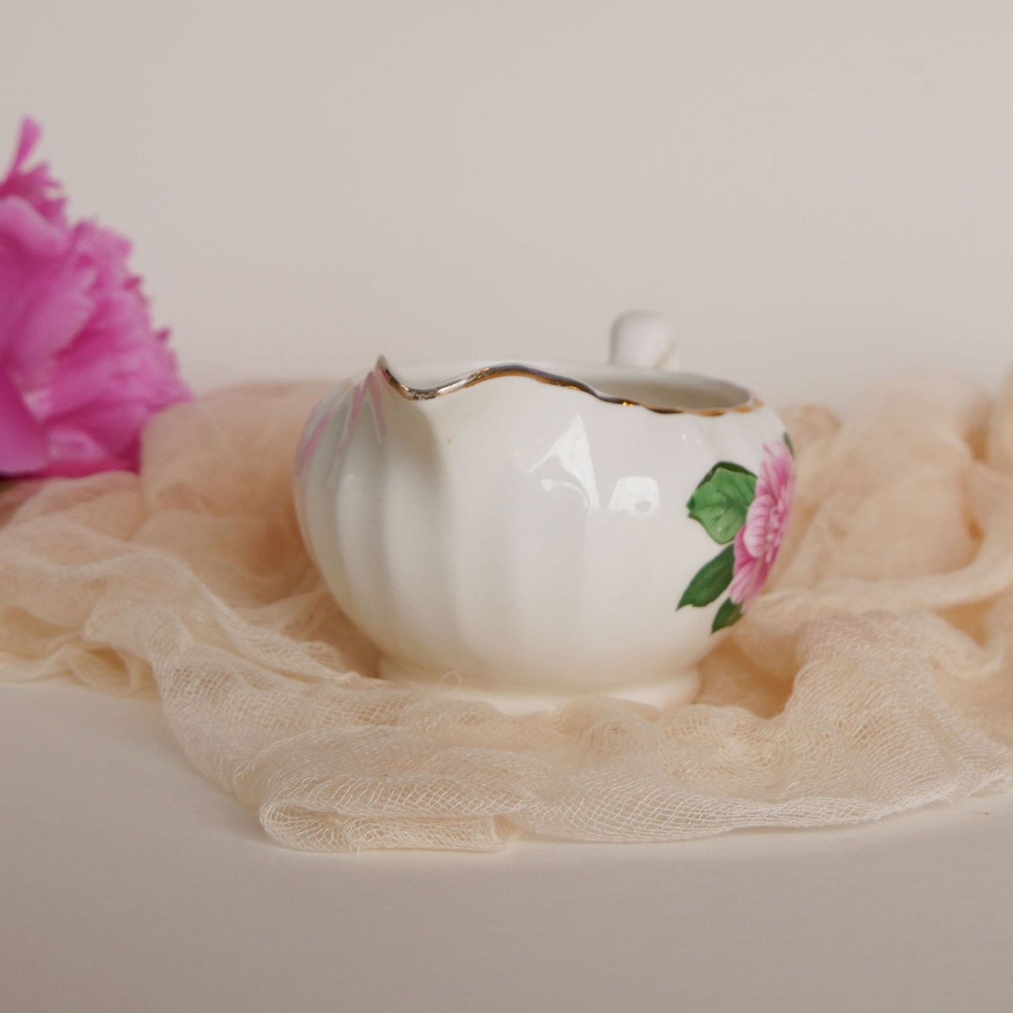 W.S. George Bolero Creamer Dish, Cameilla Floral Design, Vintage Pink Floral China, Vintage Pink Flower Creamer