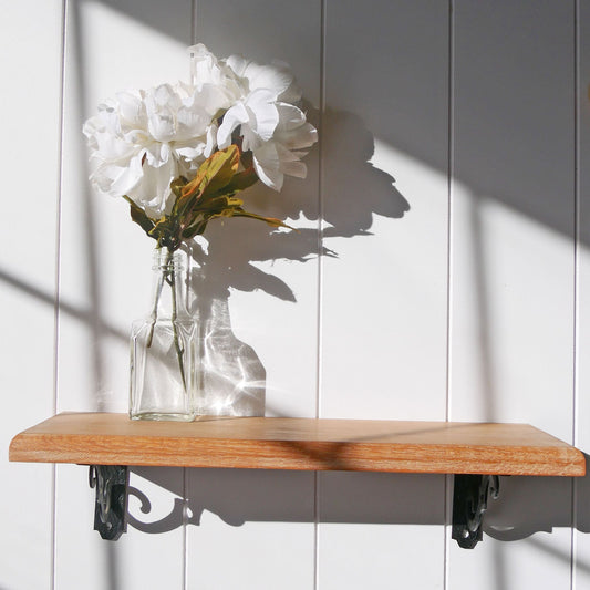 16in Wooden Wall Ledge Shelf with Metal Brackets, Vintage Floating Shelf