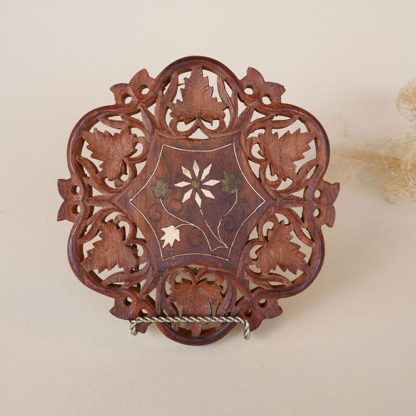 Vintage-Round-Wooden-Carved-Trivet with Flower Inlay