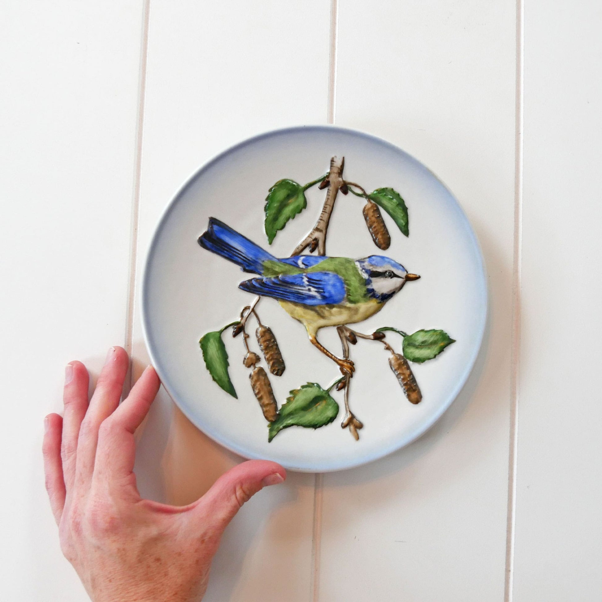 1970s Hand Painted Blue Titmouse Plate, Wildlife Plate Series, Vintage Blue Bird Plate, Vintage Bird Plate Wall