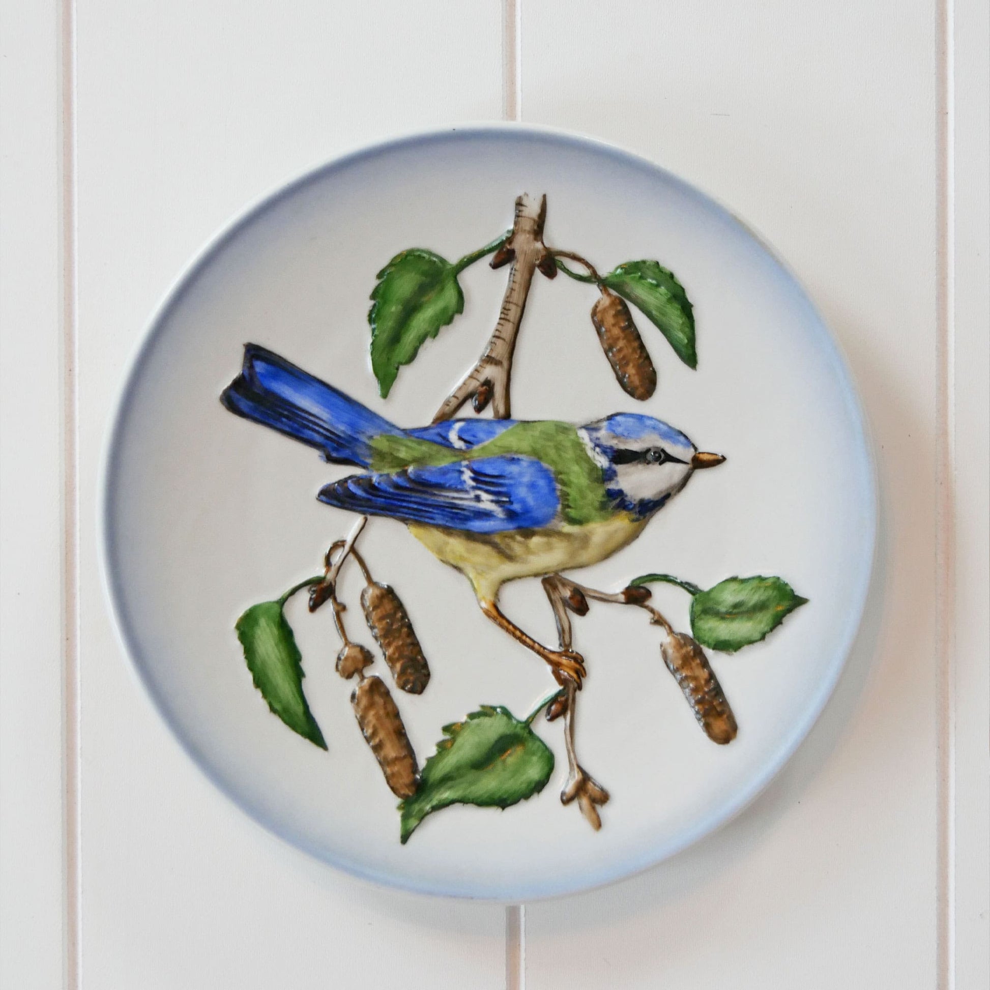 1970s Hand Painted Blue Titmouse Plate, Wildlife Plate Series, Vintage Blue Bird Plate, Vintage Bird Plate Wall