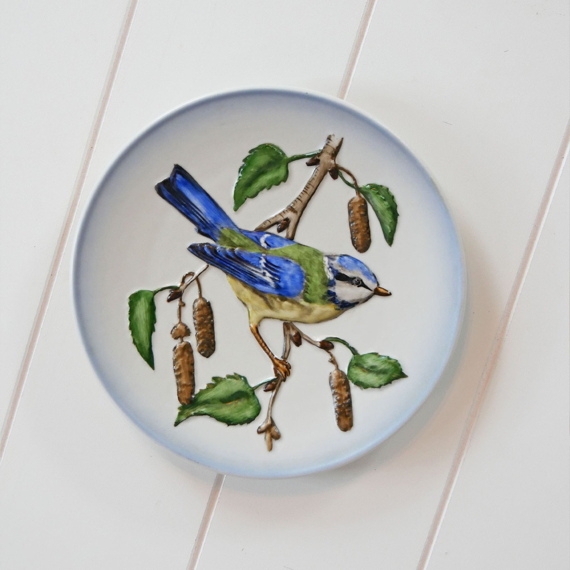 1970s Hand Painted Blue Titmouse Plate, Wildlife Plate Series, Vintage Blue Bird Plate, Vintage Bird Plate Wall