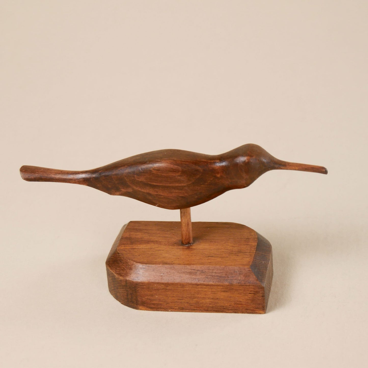 1970s Vintage Hand Carved Wooden Shore Bird on Stand