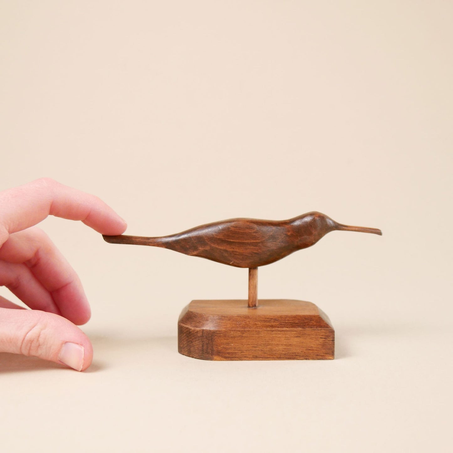 1970s Vintage Hand Carved Wooden Shore Bird on Stand