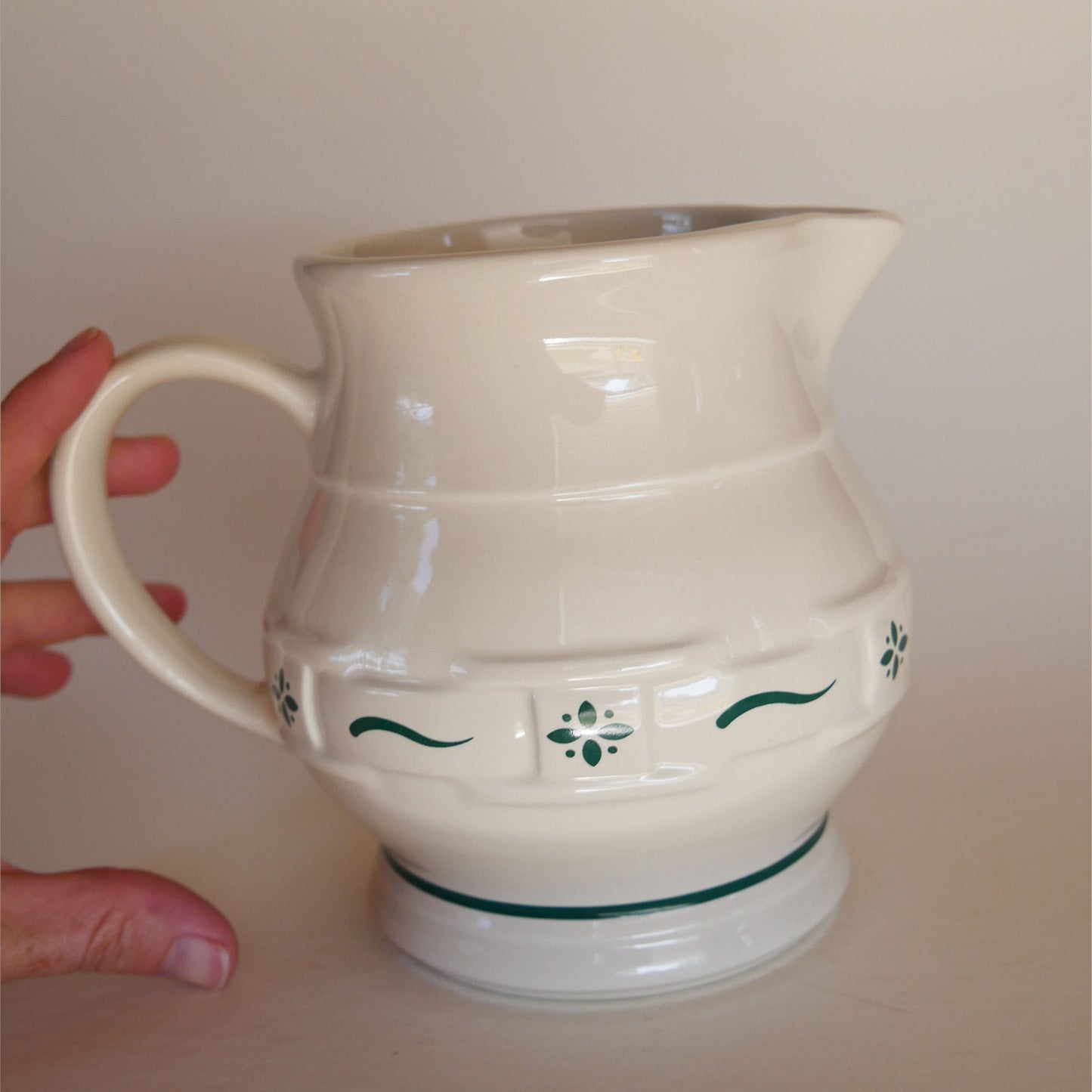 32oz Longaberger Pottery Pitcher, Woven Traditions Heritage Green Pattern, Vintage Longaberger Pottery Pitcher, Vintage Pottery Pitcher, Vintage Farmhouse Pitcher, Vintage Cottagecore Pitcher, Vintage Cottage Pitcher, Cottagecore Kitchen Decor