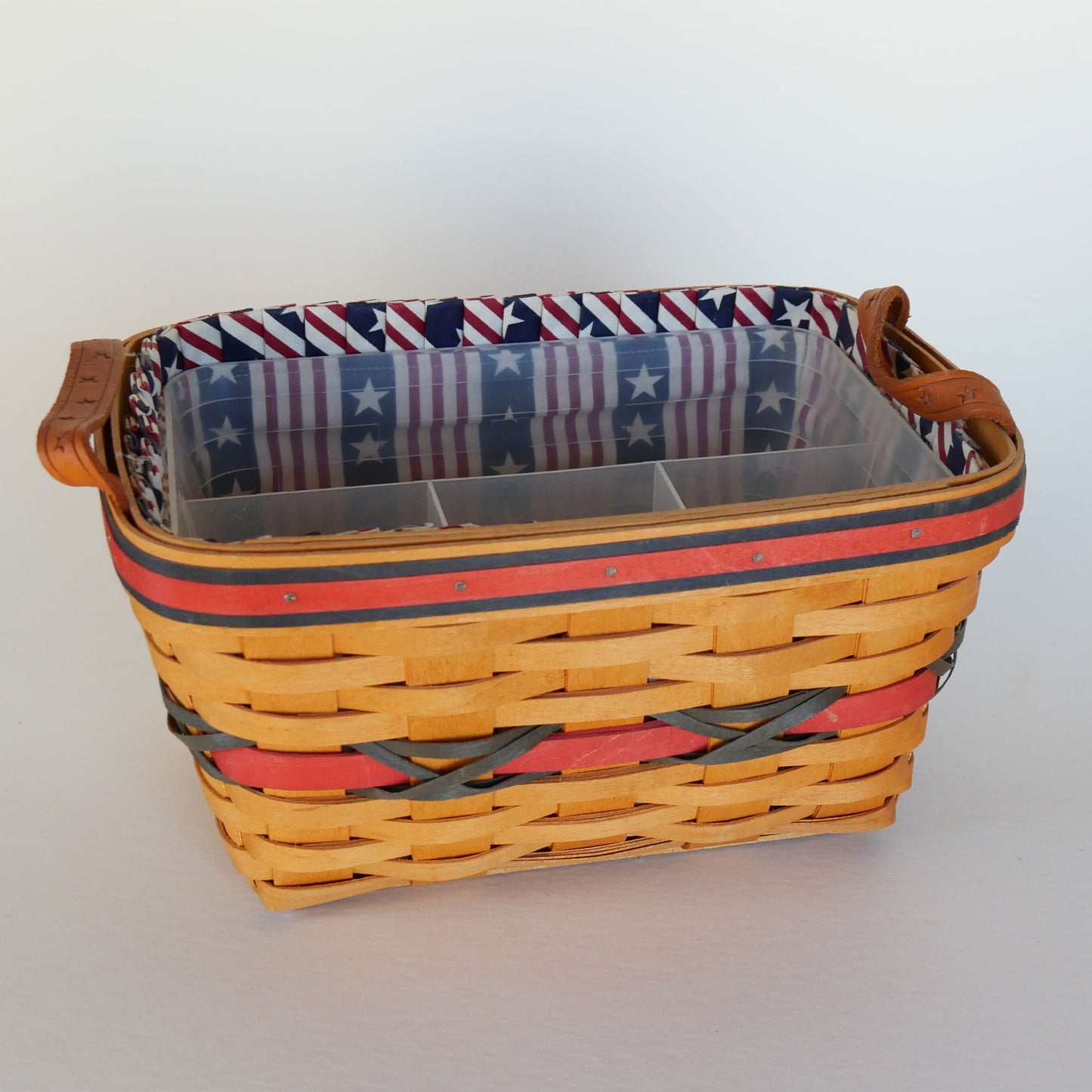 Longaberger All American Sparkler Basket withCaddy Insert, Longaberger 4th of July Basket, Vintage Longaberger American Flag Basket, Vintage Longaberger Striped Basket, Vintage Longaberger Basket Star Handles, Longaberger Utensil Caddy