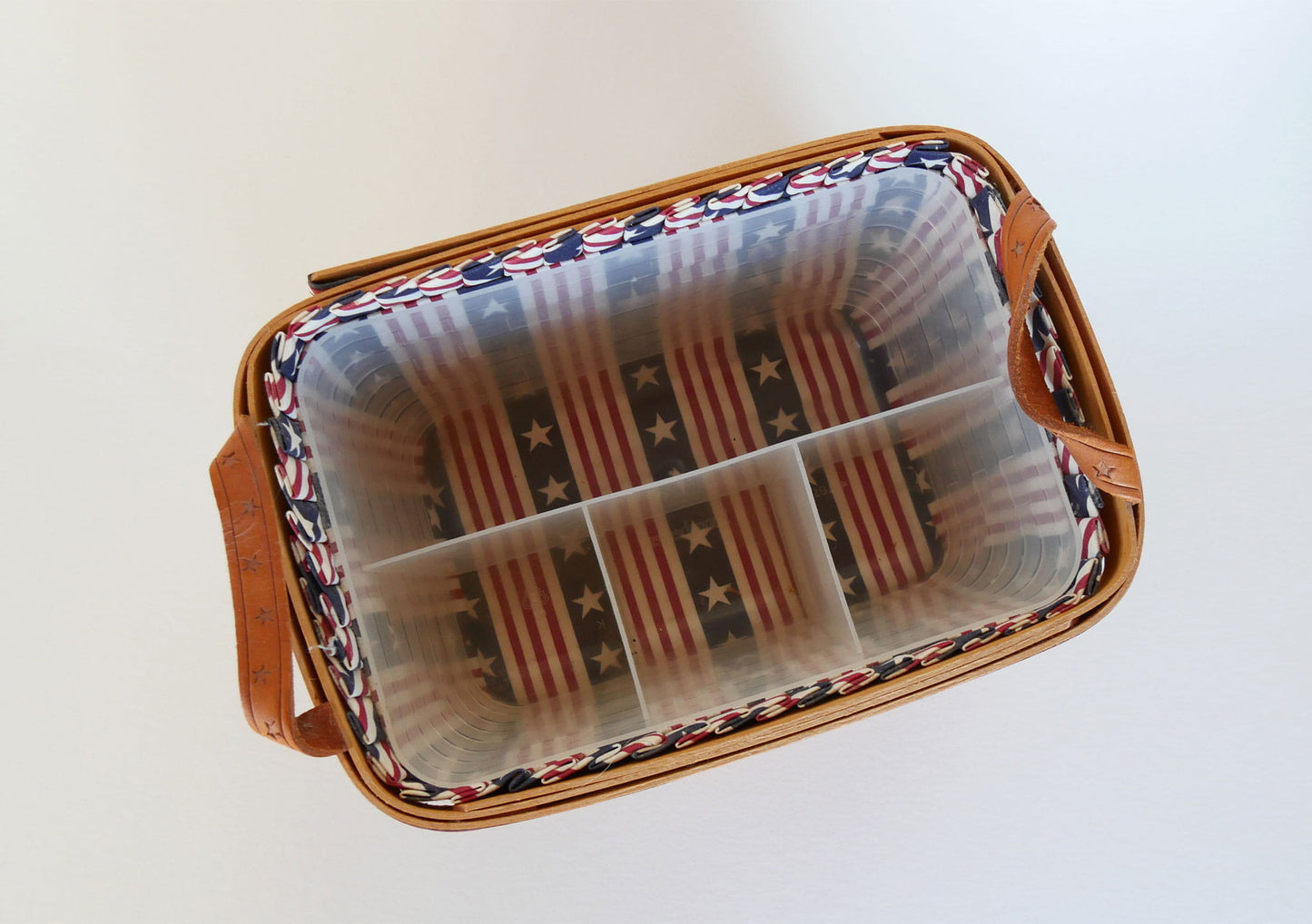 Longaberger All American Sparkler Basket withCaddy Insert, Longaberger 4th of July Basket, Vintage Longaberger American Flag Basket, Vintage Longaberger Striped Basket, Vintage Longaberger Basket Star Handles, Longaberger Utensil Caddy