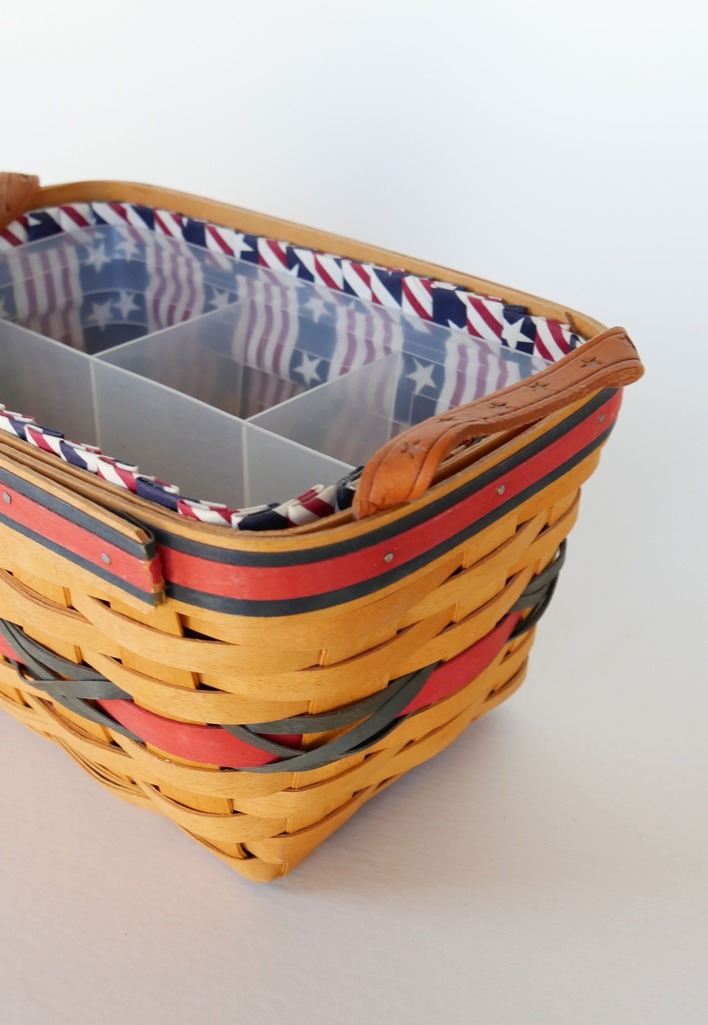 Longaberger All American Sparkler Basket withCaddy Insert, Longaberger 4th of July Basket, Vintage Longaberger American Flag Basket, Vintage Longaberger Striped Basket, Vintage Longaberger Basket Star Handles, Longaberger Utensil Caddy