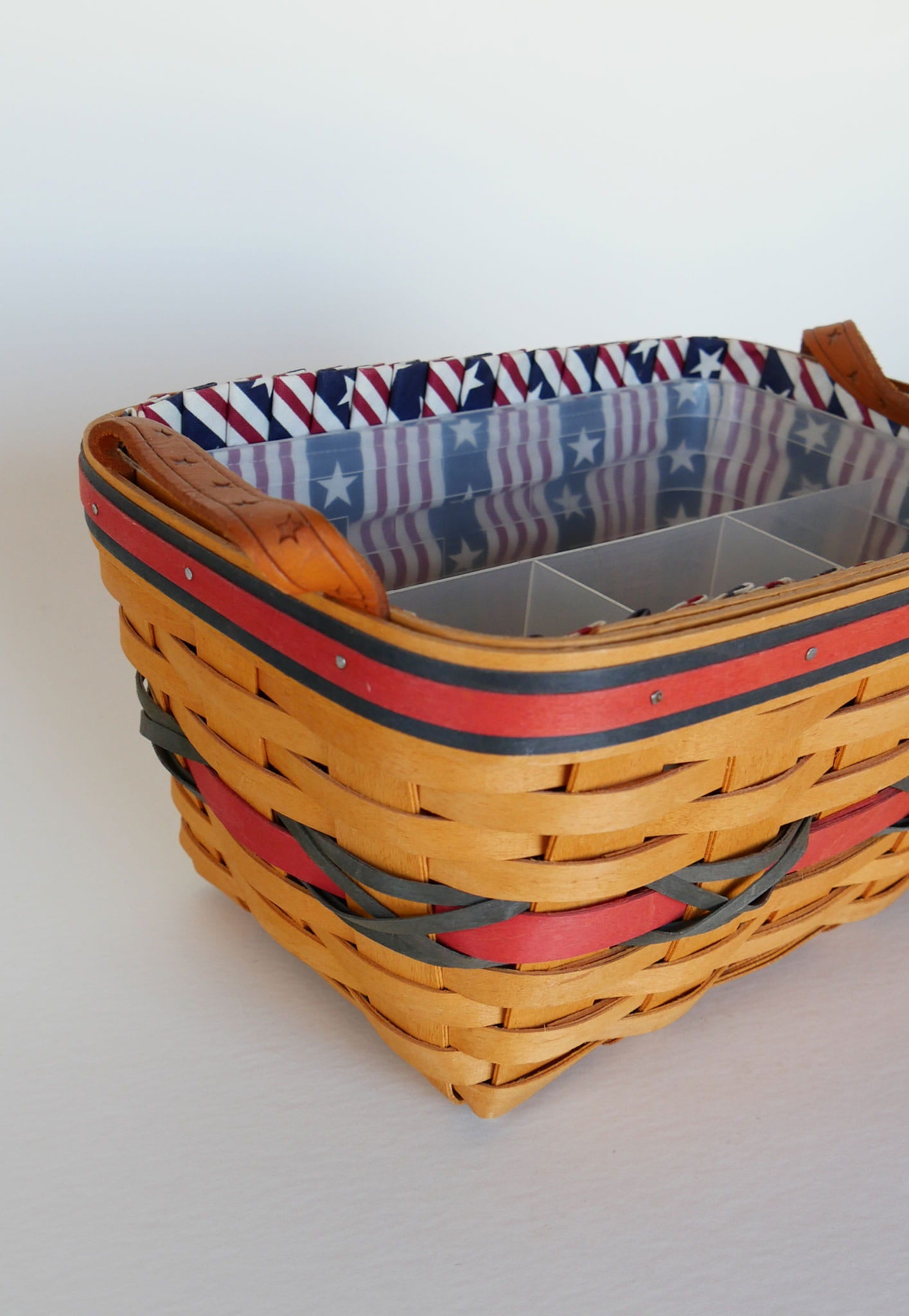 Longaberger All American Sparkler Basket withCaddy Insert, Longaberger 4th of July Basket, Vintage Longaberger American Flag Basket, Vintage Longaberger Striped Basket, Vintage Longaberger Basket Star Handles, Longaberger Utensil Caddy