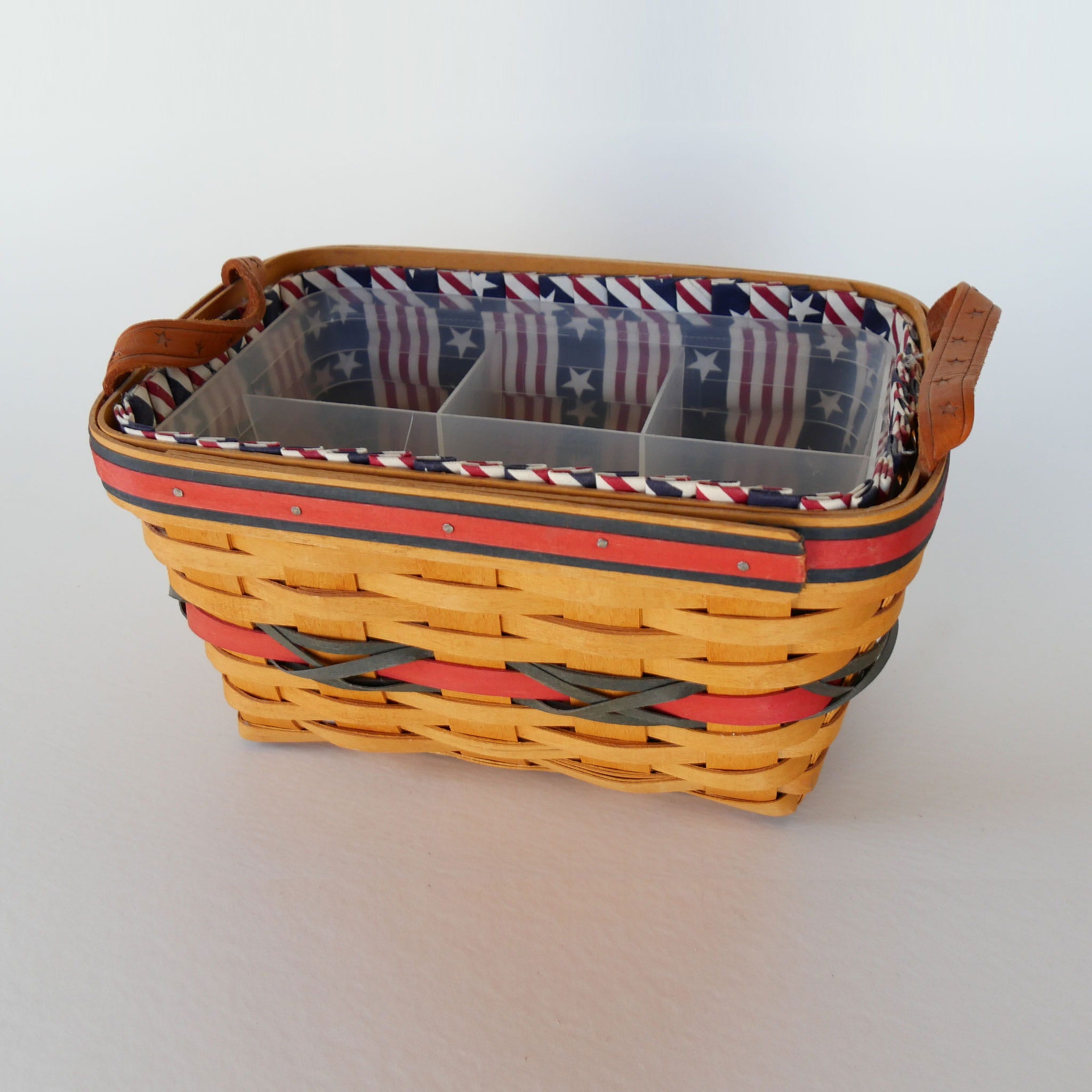 Longaberger All American Sparkler Basket withCaddy Insert, Longaberger 4th of July Basket, Vintage Longaberger American Flag Basket, Vintage Longaberger Striped Basket, Vintage Longaberger Basket Star Handles, Longaberger Utensil Caddy