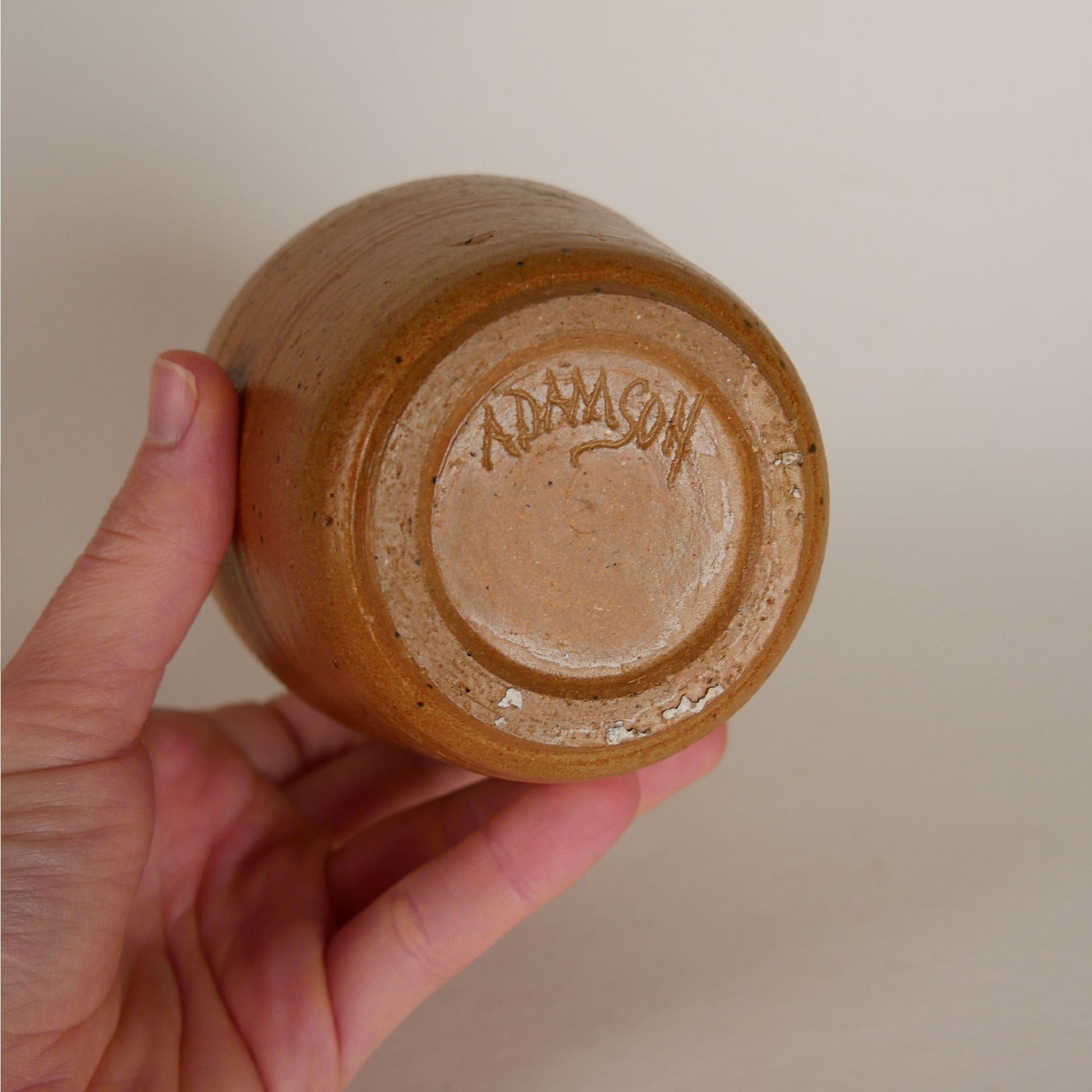 Small Vintage Handmade Pottery Vase, Brown and Blue Stripe Pottery Vase, Handmade Brown Pottery Vase