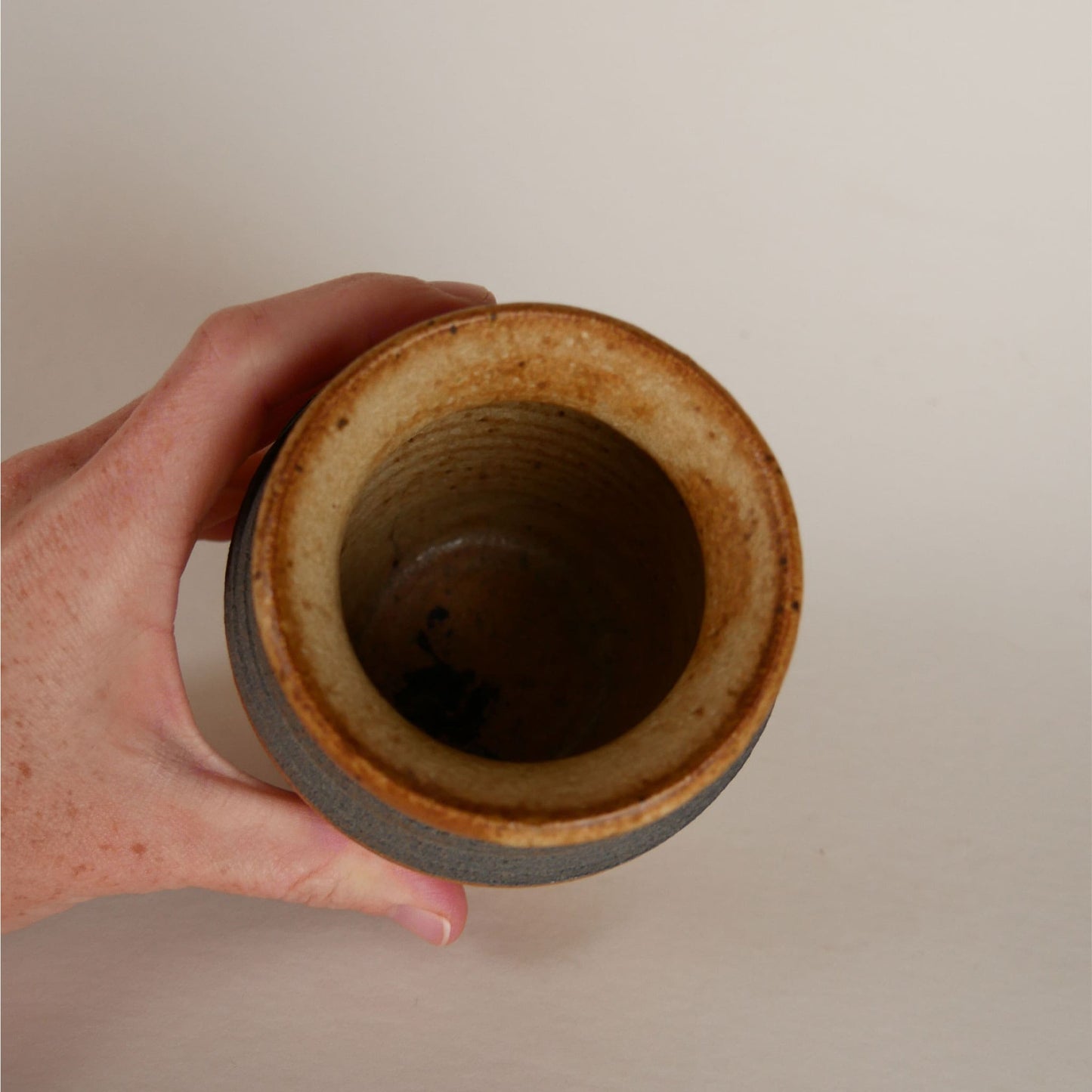 Small Vintage Handmade Pottery Vase, Brown and Blue Stripe Pottery Vase, Handmade Brown Pottery Vase