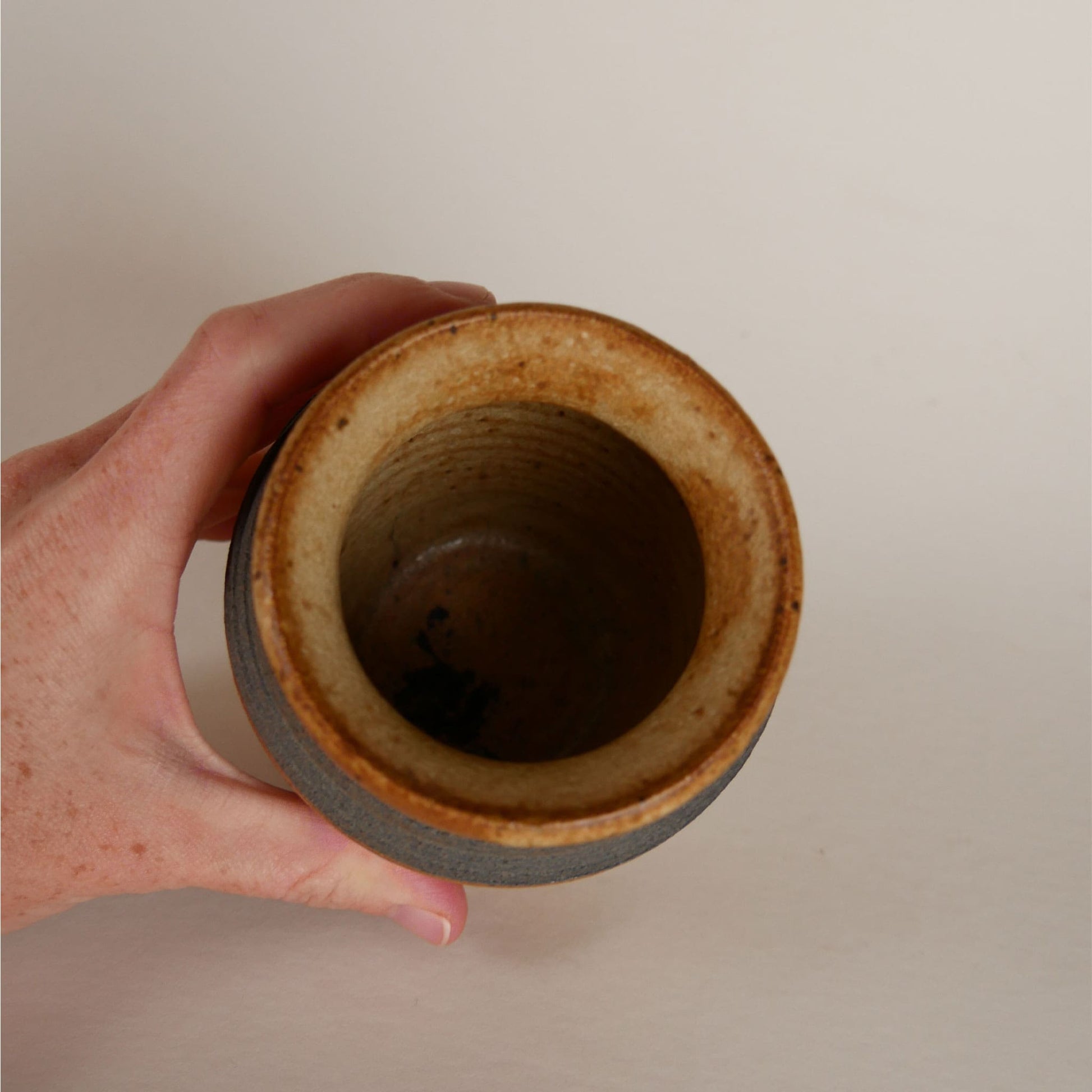 Small Vintage Handmade Pottery Vase, Brown and Blue Stripe Pottery Vase, Handmade Brown Pottery Vase