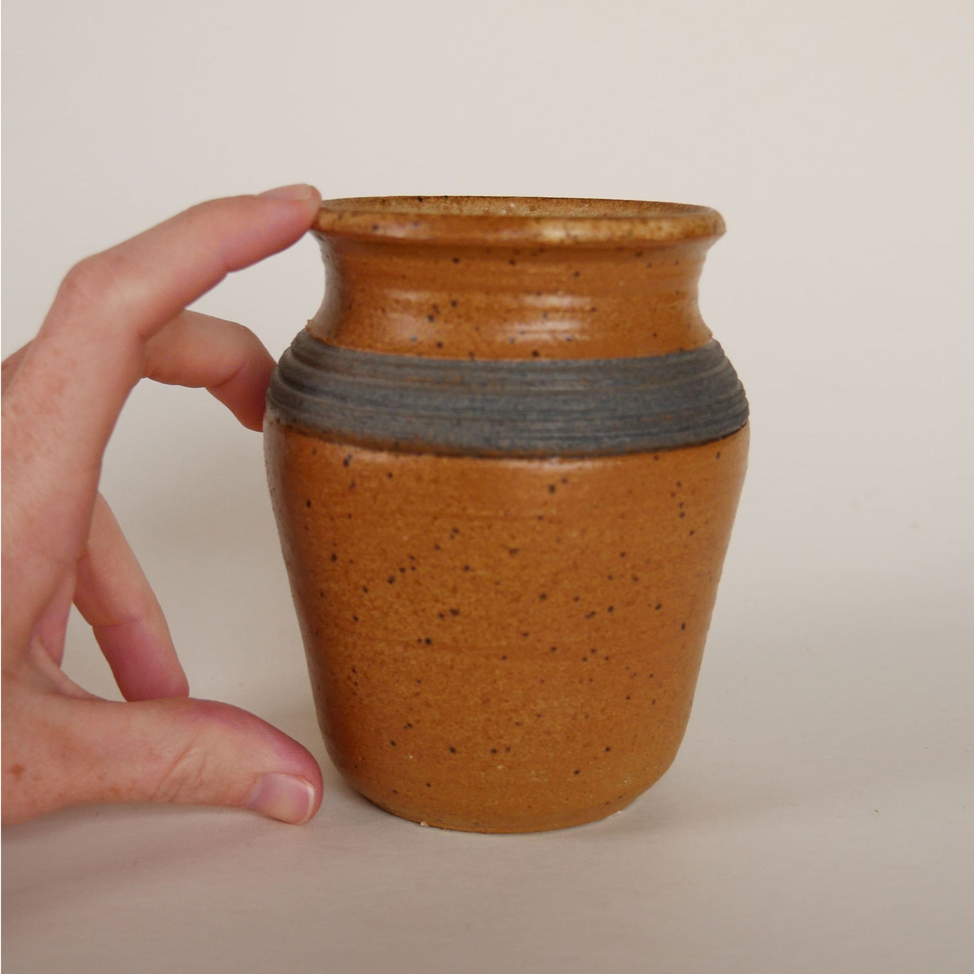 Small Vintage Handmade Pottery Vase, Brown and Blue Stripe Pottery Vase, Handmade Brown Pottery Vase