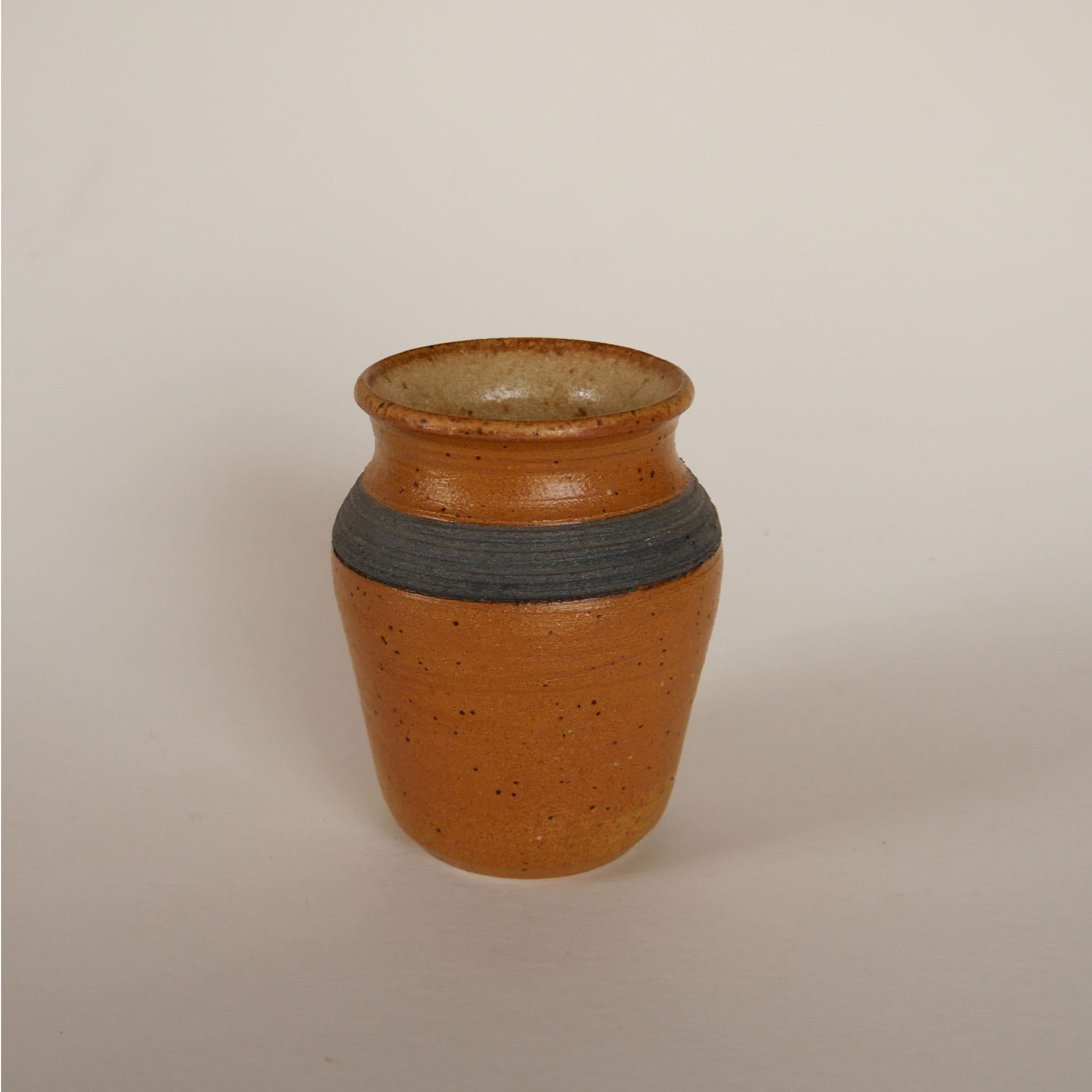 Small Vintage Handmade Pottery Vase, Brown and Blue Stripe Pottery Vase, Handmade Brown Pottery Vase