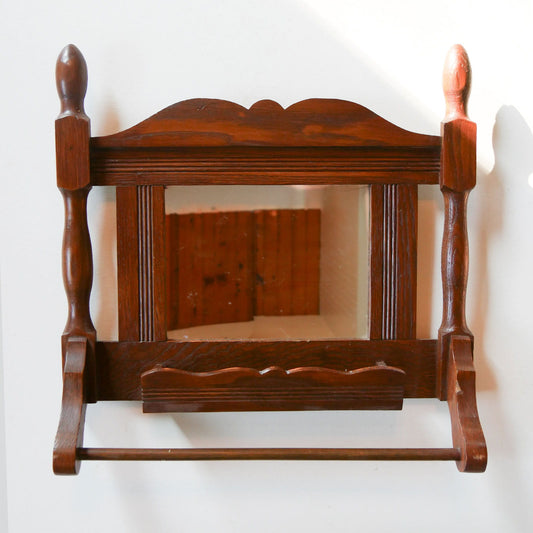 Antique Walnut Wood Shaving Mirror Wall Shelf Towel Bar, Primitive Wall DEcor, Vintage Wall Mirror, Primitive Wall Mirror, Antique Wall Mirror, Antique Colonial Decor