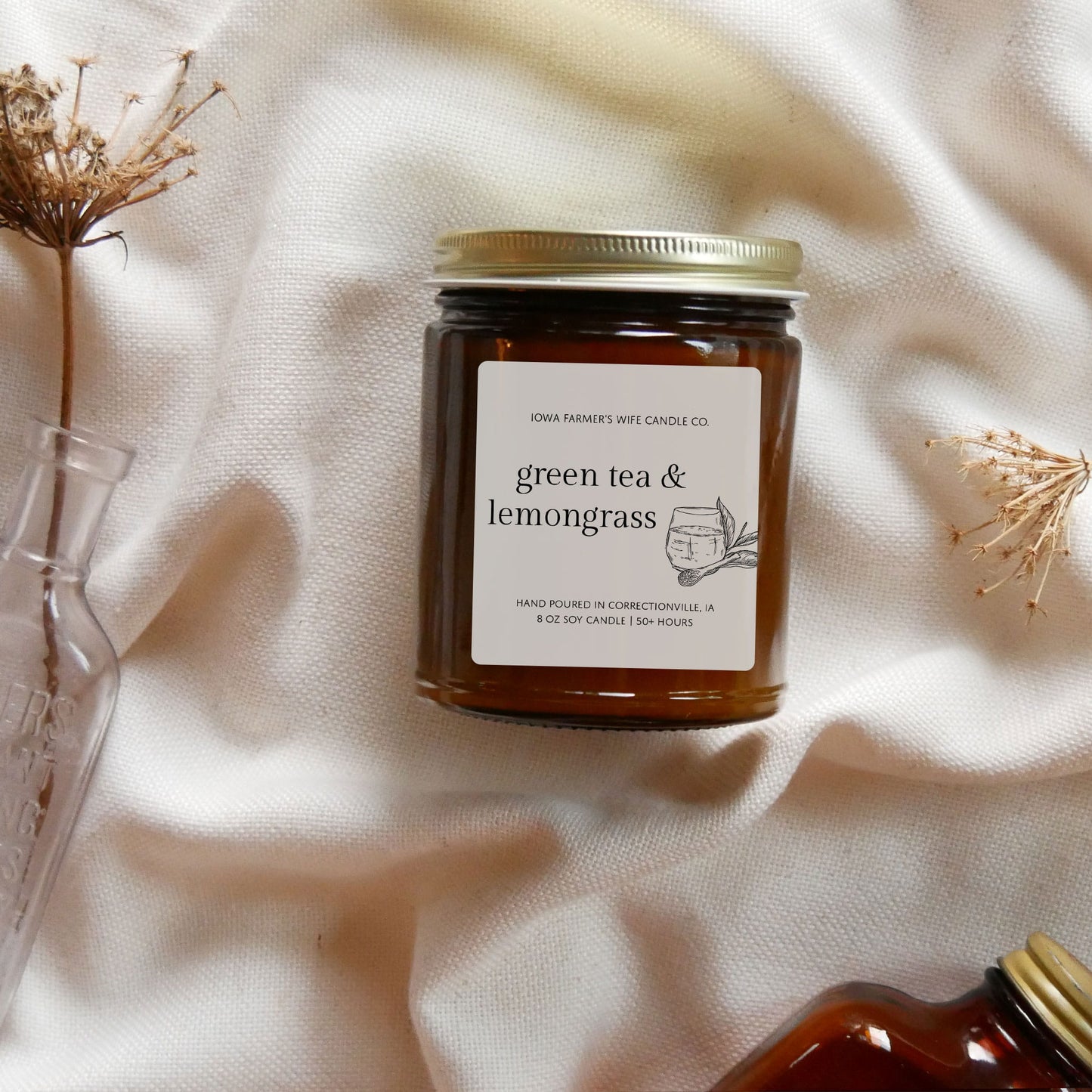 Green Tea & Lemongrass Candle, Amber Jar