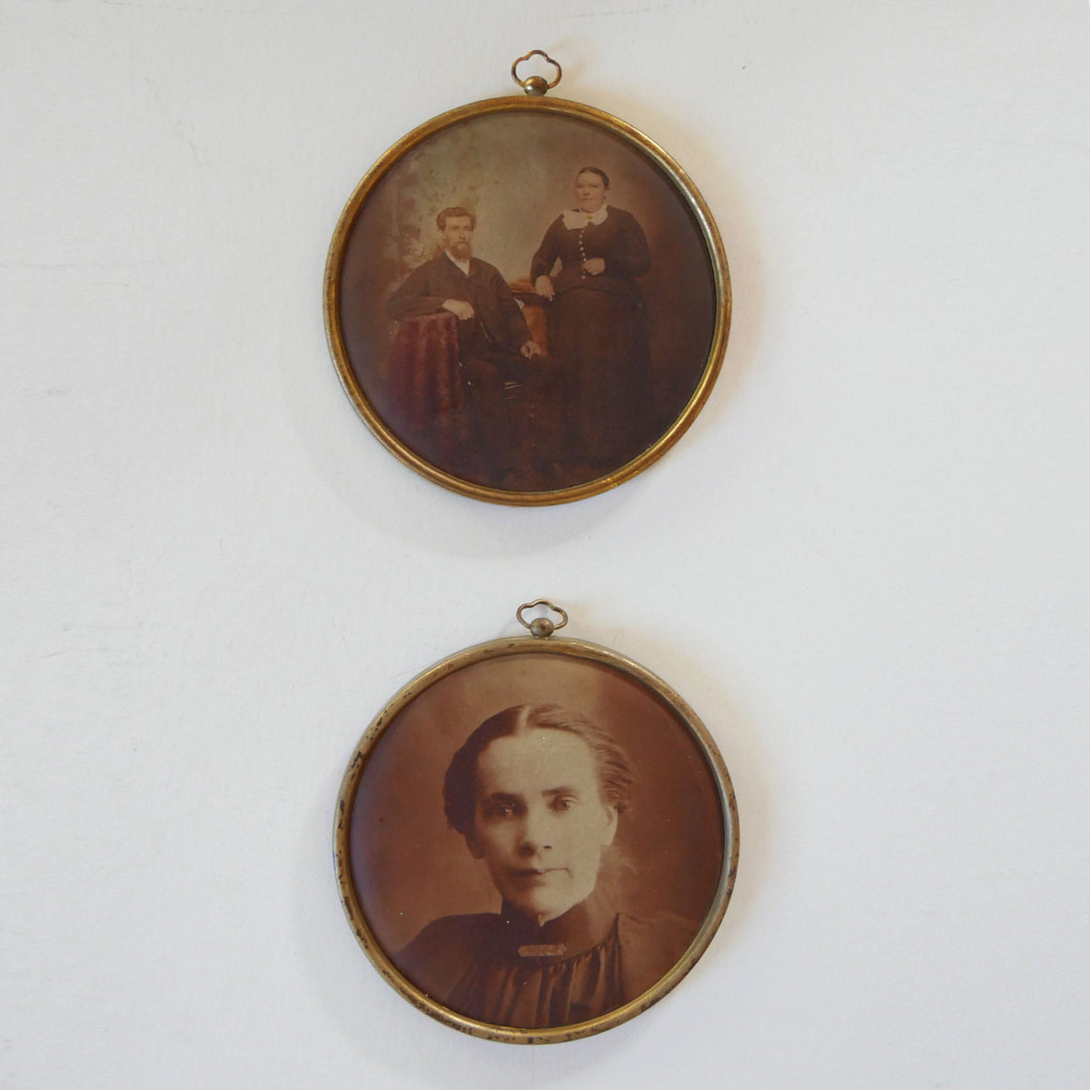 Antique Brass Circular Framed Portraits, Antique Photos, Vintage Brass Round Portraits with Hangers, Vintage Brass portrait with Hanger, ANtique Apothecary Decor