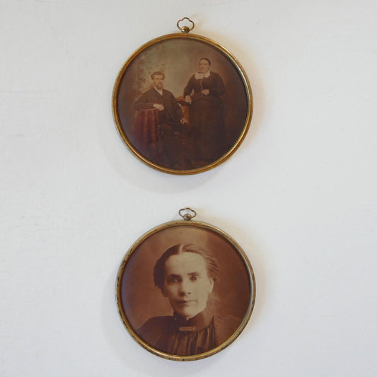 Antique Brass Circular Framed Portraits, Antique Photos, Vintage Brass Round Portraits with Hangers, Vintage Brass portrait with Hanger, ANtique Apothecary Decor