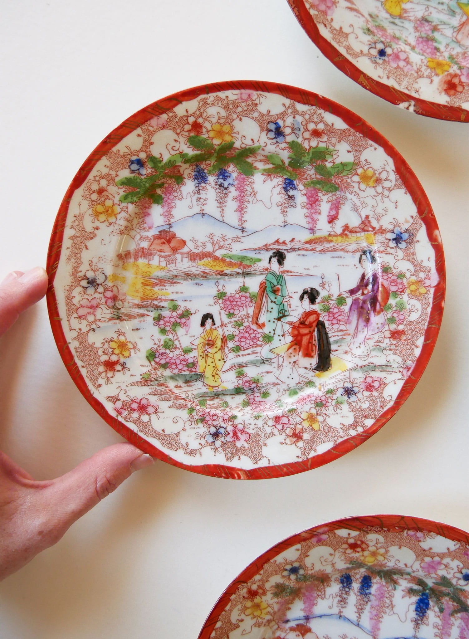 Antique Japanese Chinoiserie Hand Painted Traditional Geisha Girl Small Plates, Antique Japanese Plates, Vitnage Hand Painted Japanese Plates, Vintage Decorative Plates