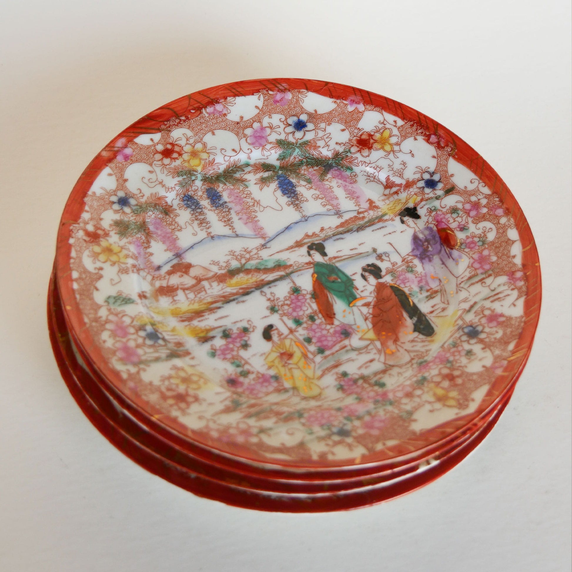 Antique Japanese Chinoiserie Hand Painted Traditional Geisha Girl Small Plates, Antique Japanese Plates, Vitnage Hand Painted Japanese Plates, Vintage Decorative Plates