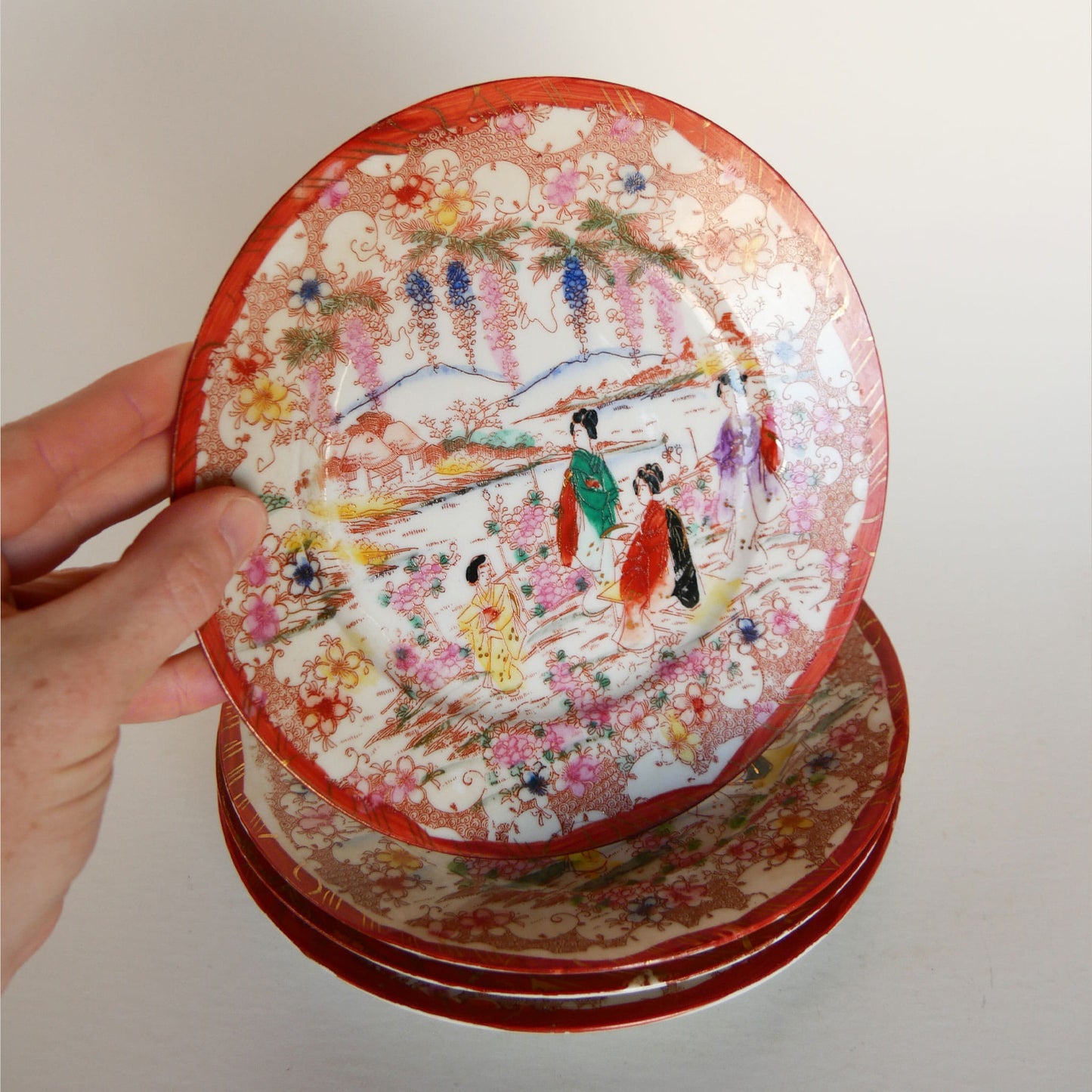 Antique Japanese Chinoiserie Hand Painted Traditional Geisha Girl Small Plates, Antique Japanese Plates, Vitnage Hand Painted Japanese Plates, Vintage Decorative Plates