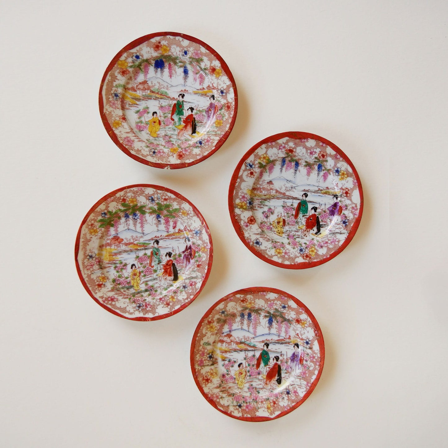 Antique Japanese Chinoiserie Hand Painted Traditional Geisha Girl Small Plates, Antique Japanese Plates, Vitnage Hand Painted Japanese Plates, Vintage Decorative Plates