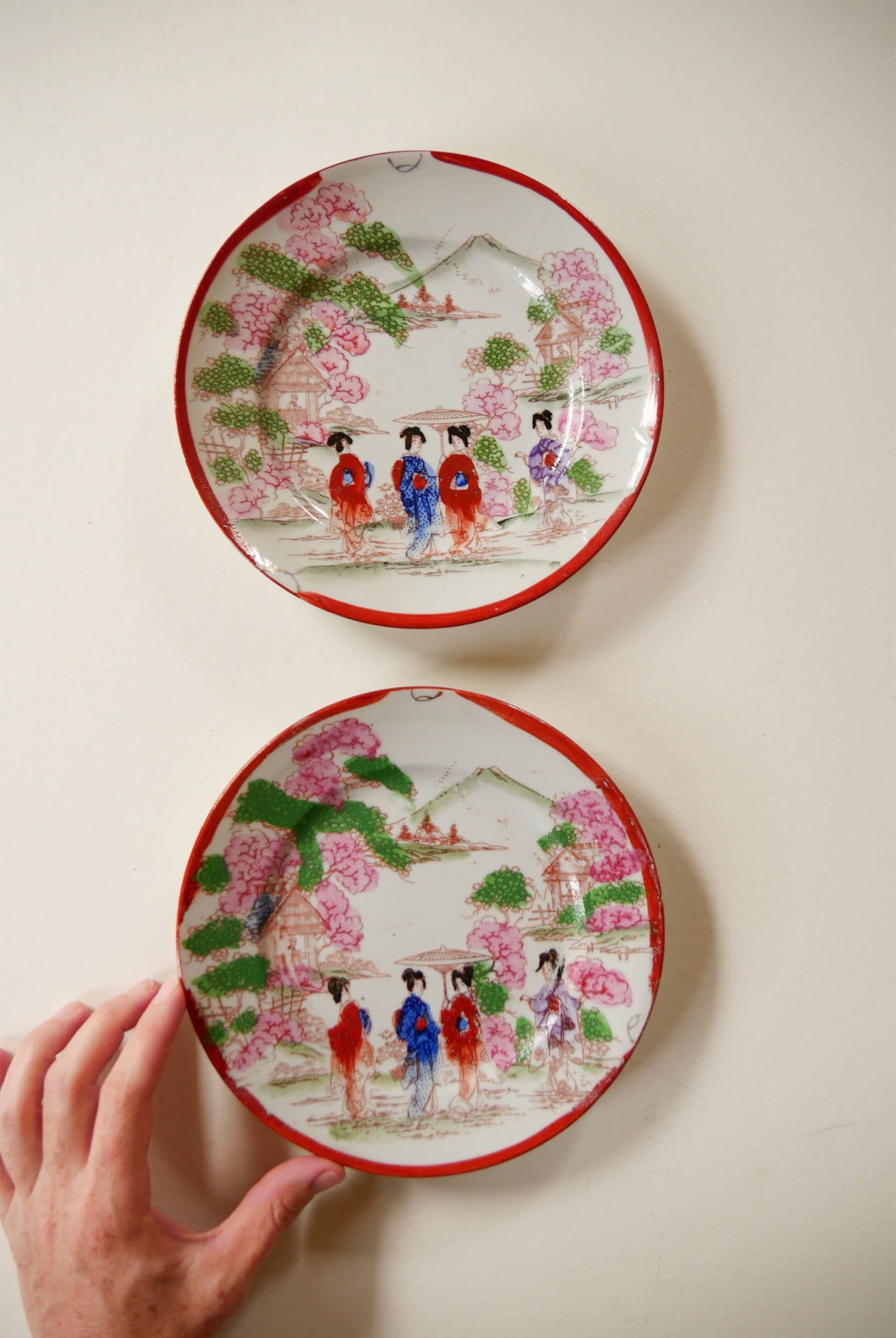 Antique Japanese Chinoiserie Hand Painted Traditional Geisha Girl Small Plates, Antique Japanese Plates, Vintage Hand Painted Japanese Plates, Vintage Decorative Plates
